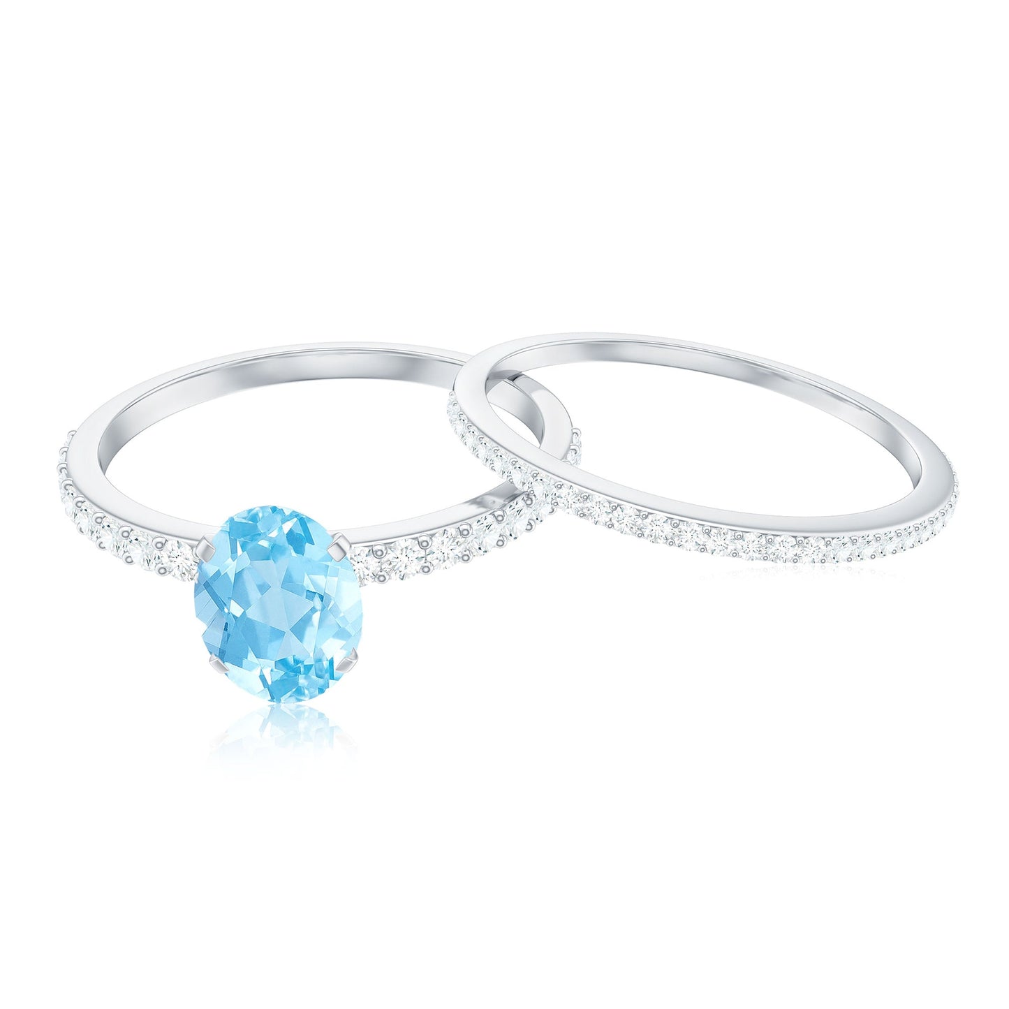 Natural Aquamarine Diamond Oval Engagement Ring with Wedding Band