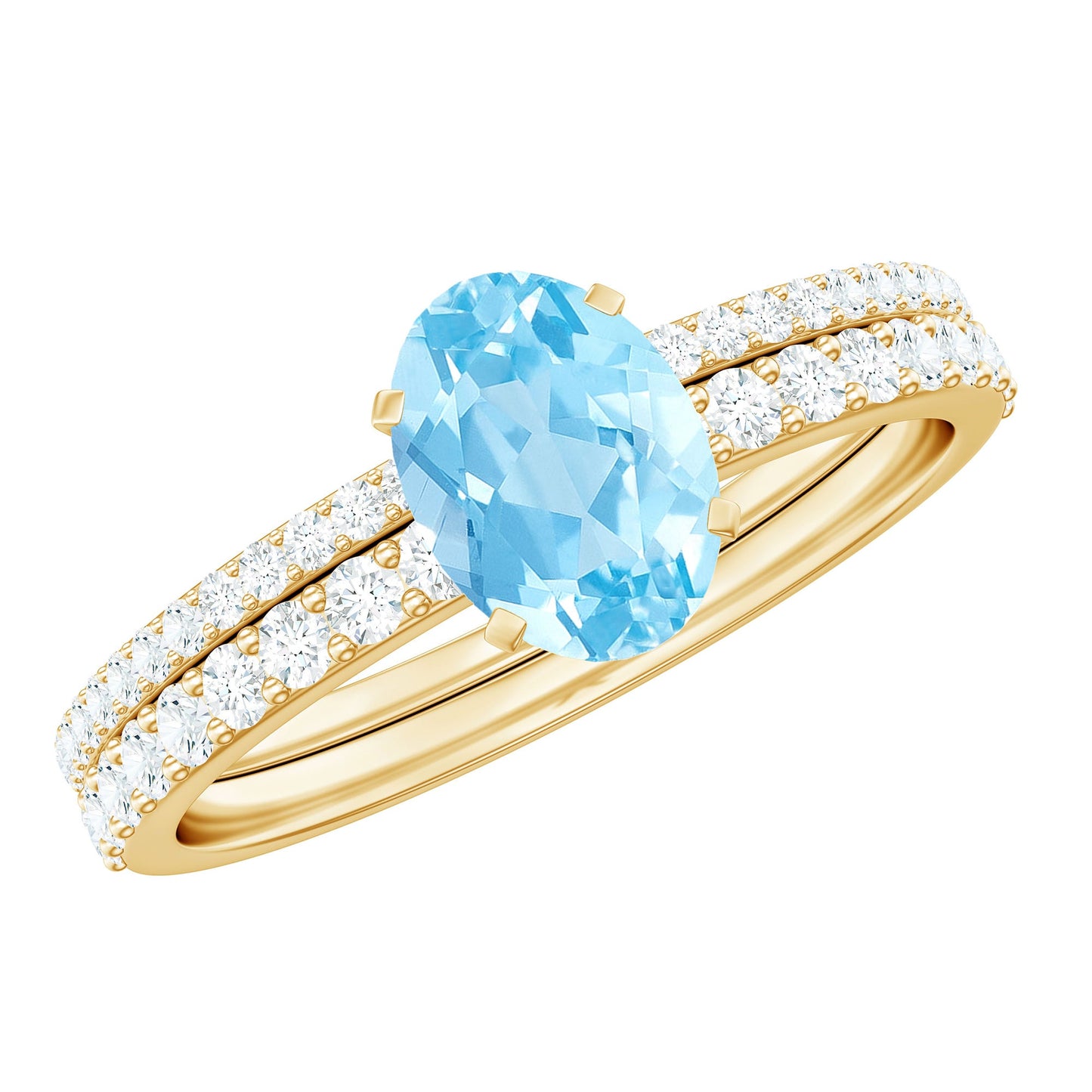Natural Aquamarine Diamond Oval Engagement Ring with Wedding Band