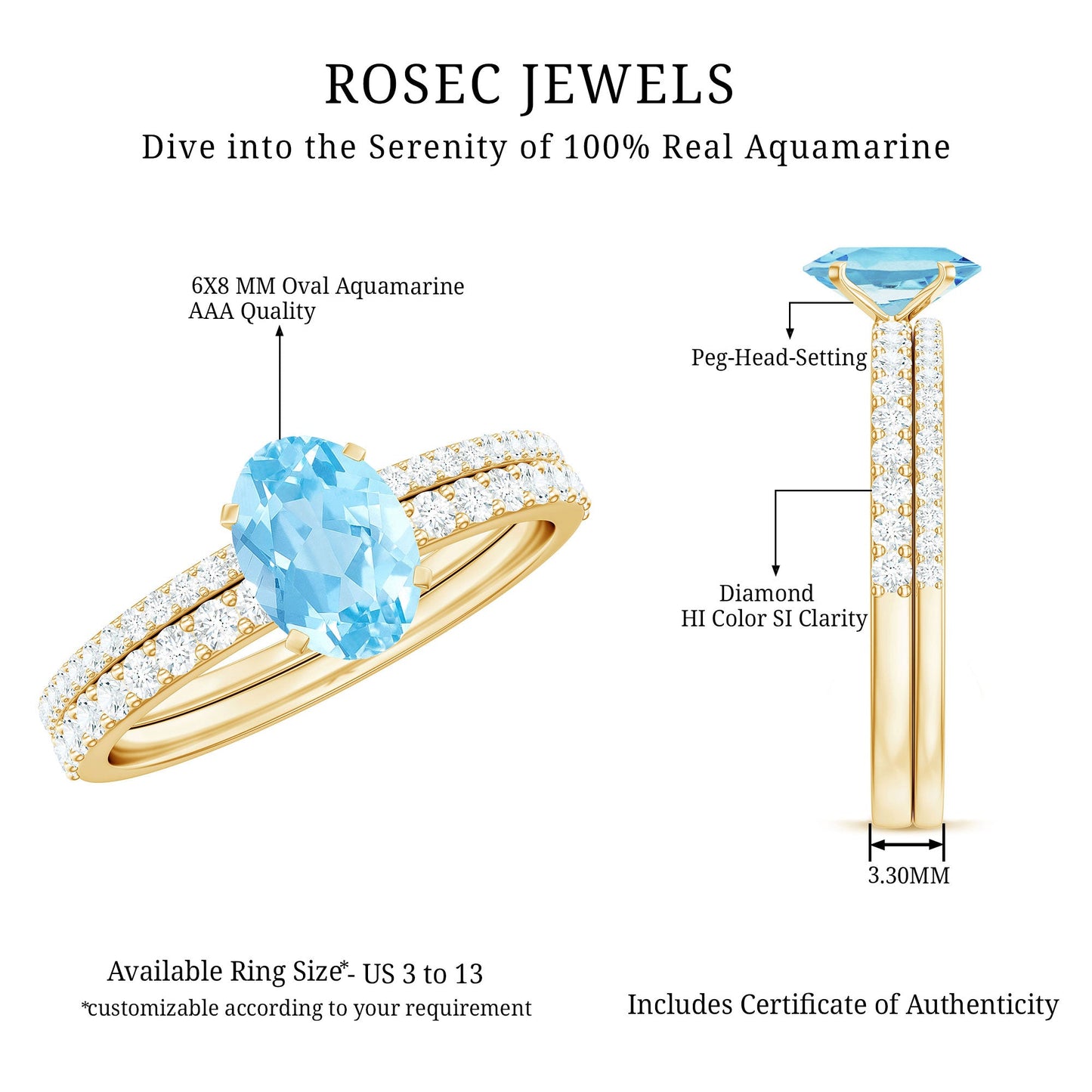 Natural Aquamarine Diamond Oval Engagement Ring with Wedding Band