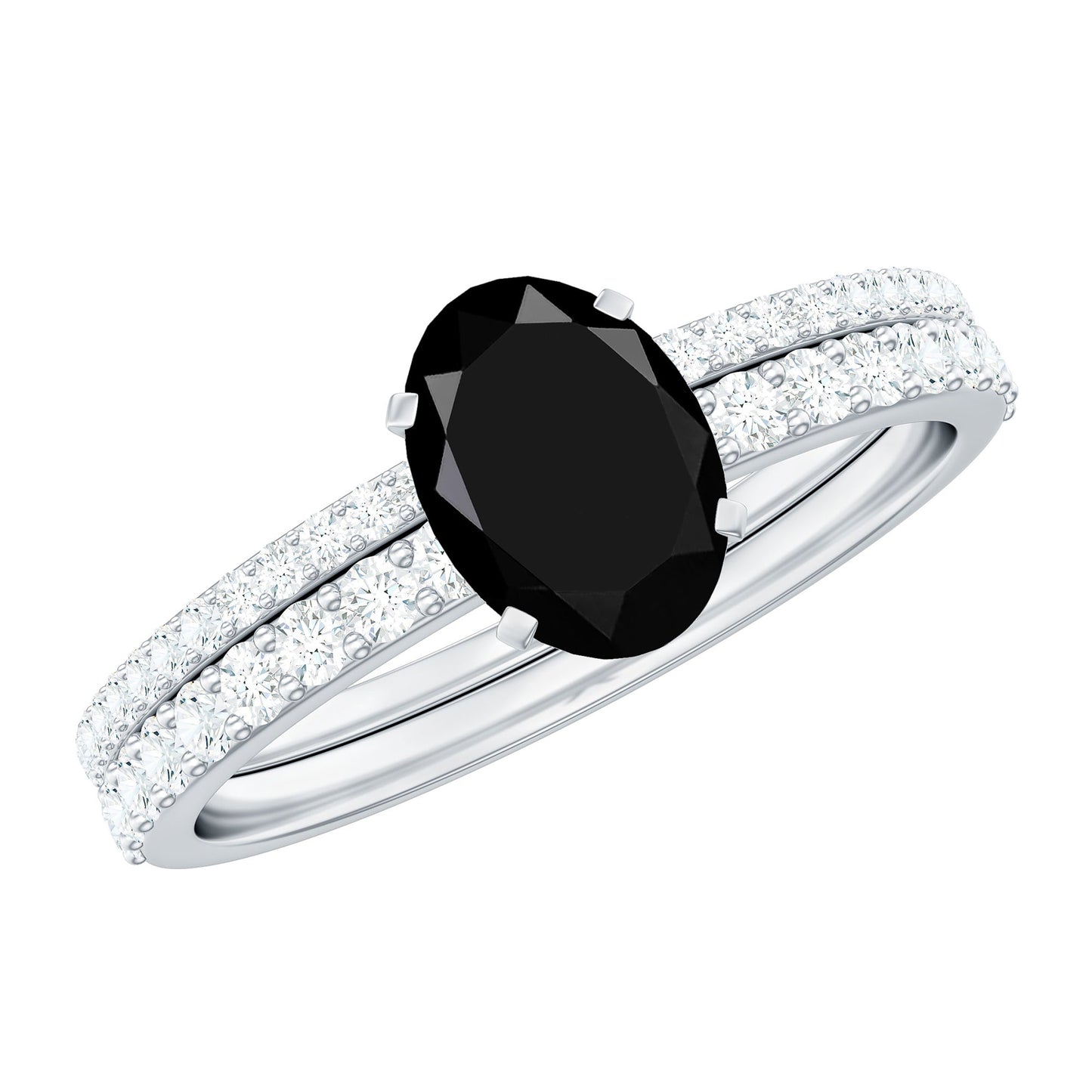 6X8mm Oval Cut Black Onyx Solitaire Rings Set with Diamond Wedding Band
