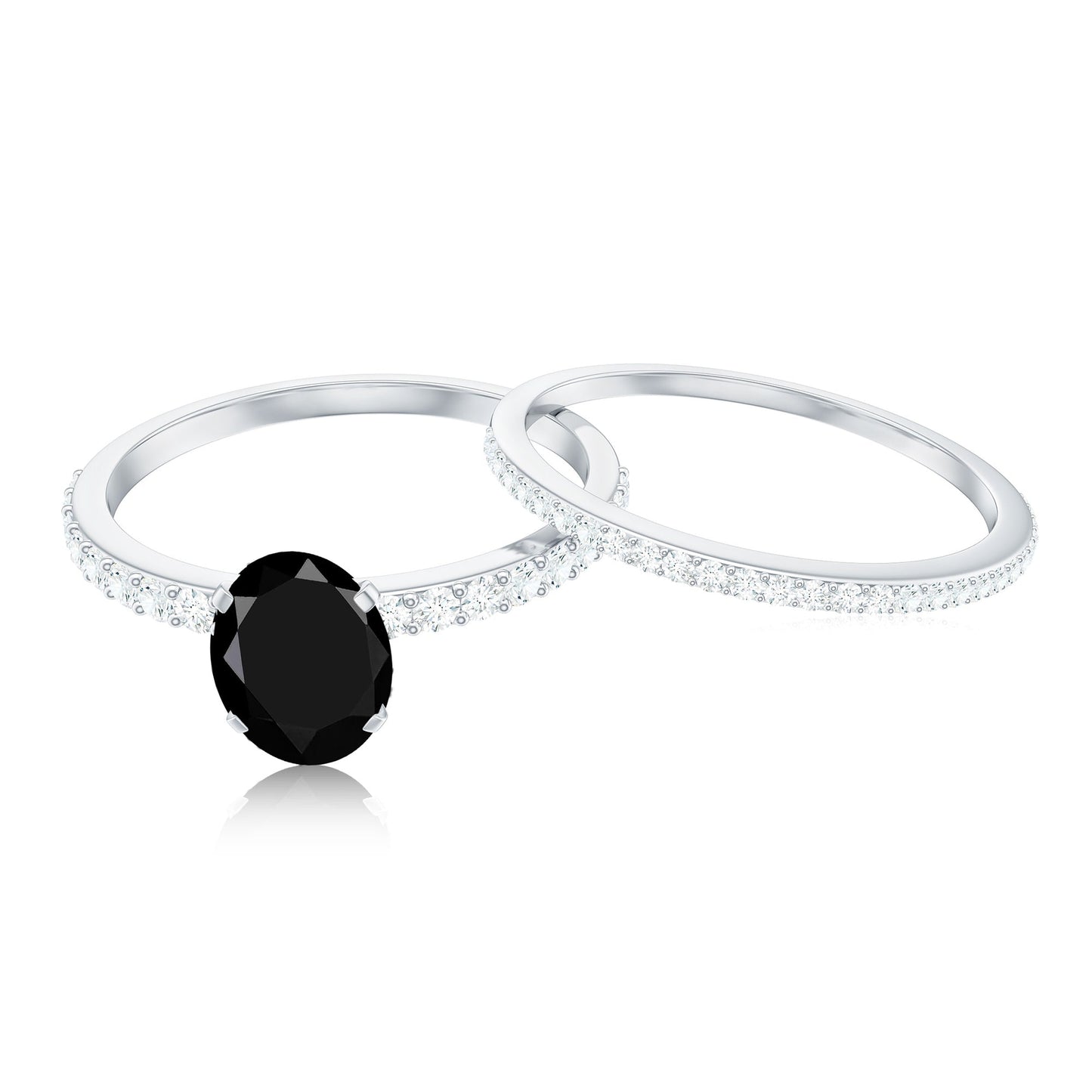 6X8mm Oval Cut Black Onyx Solitaire Rings Set with Diamond Wedding Band