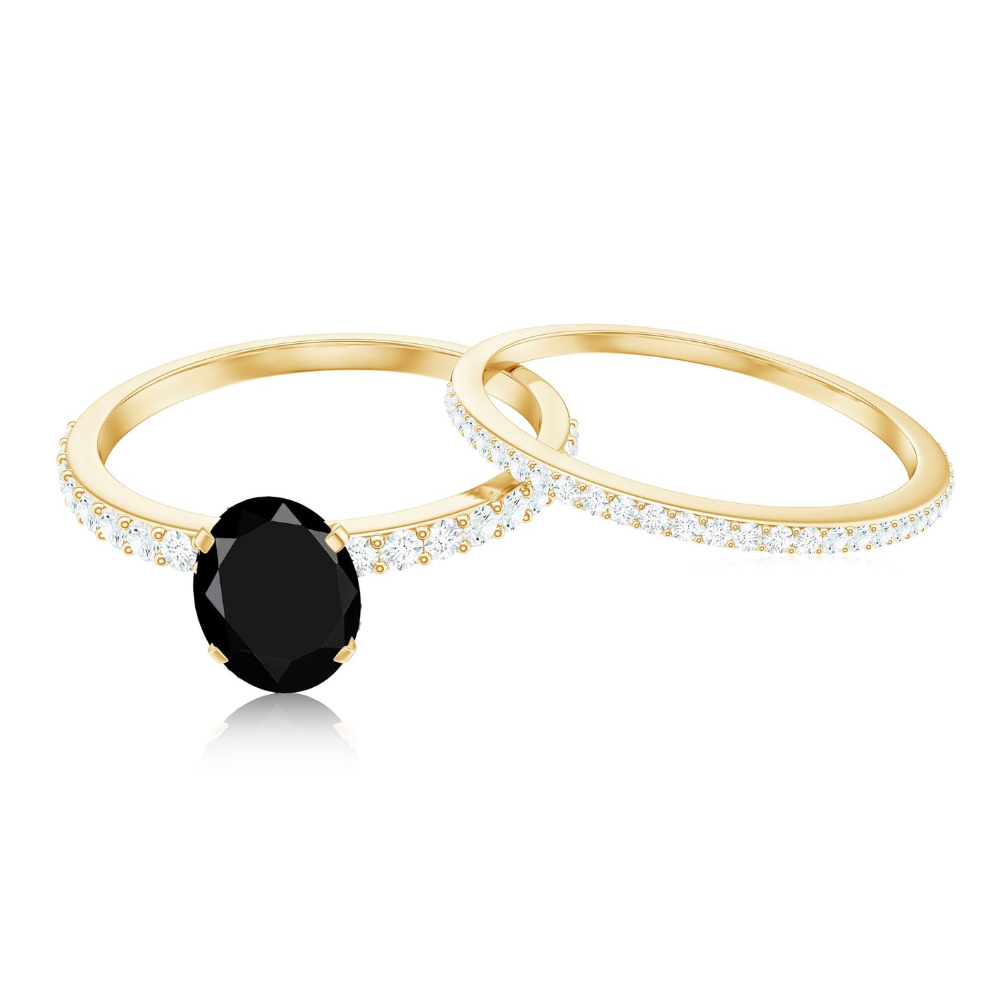 6X8mm Oval Cut Black Onyx Solitaire Rings Set with Diamond Wedding Band