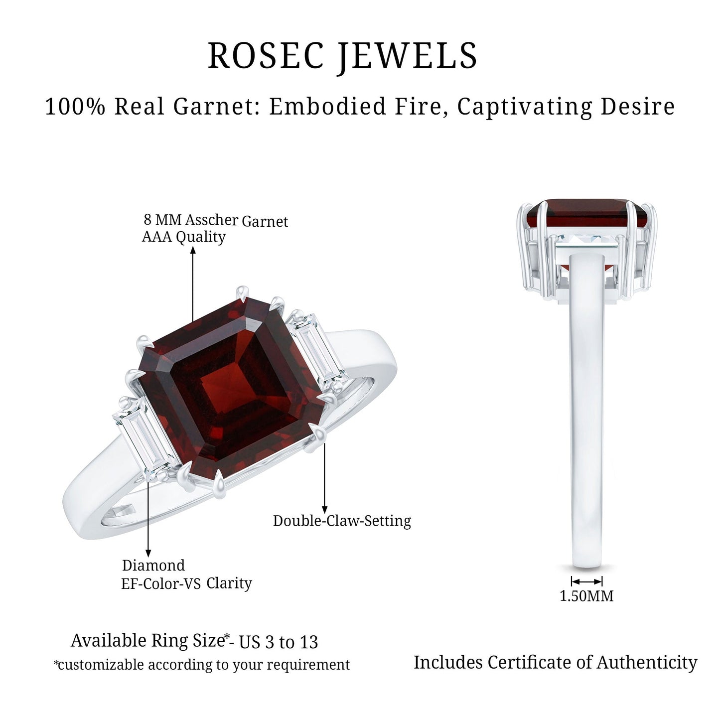 Natural 8mm Asscher Cut Garnet Engagement Ring with Diamond