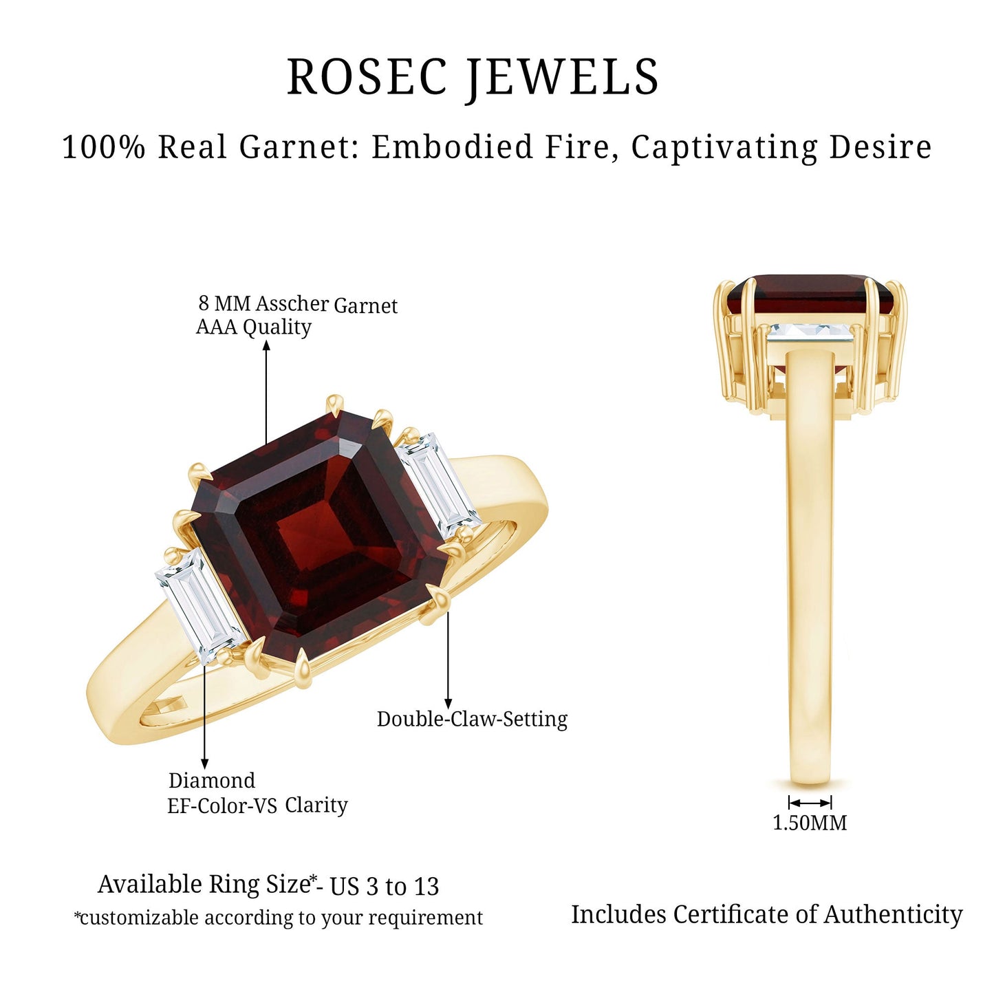 Natural 8mm Asscher Cut Garnet Engagement Ring with Diamond