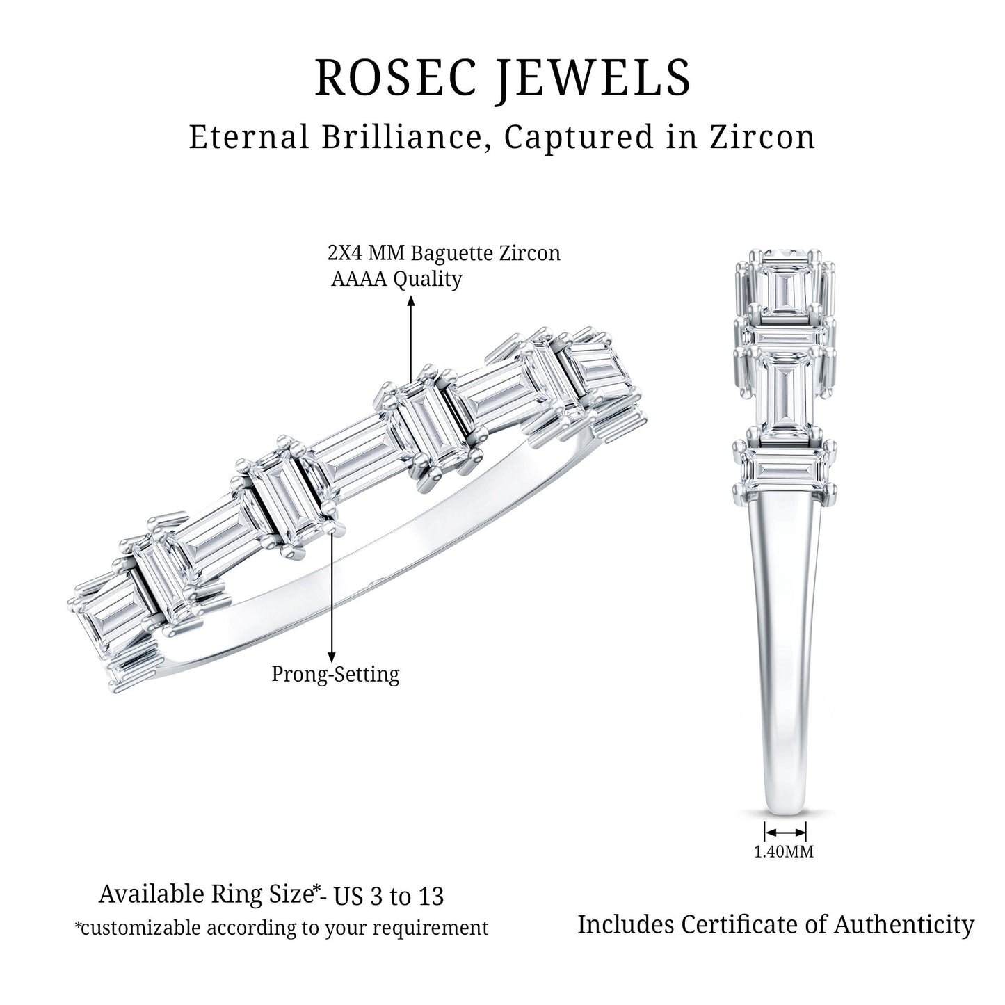 Baguette Cut Cubic Zirconia Designer Half Eternity Ring