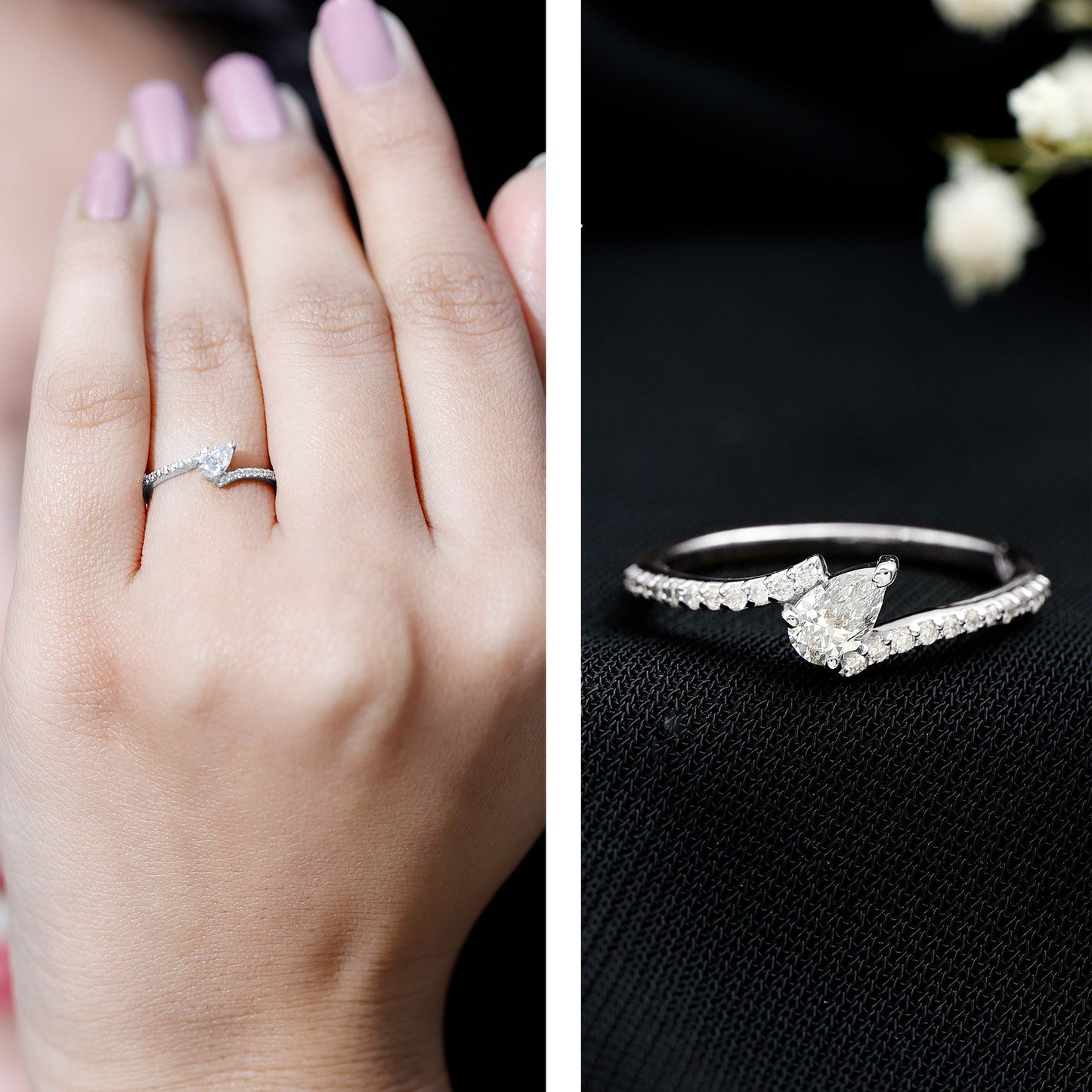 Tilted Pear Shape Simulated Diamond Bypass Promise Ring