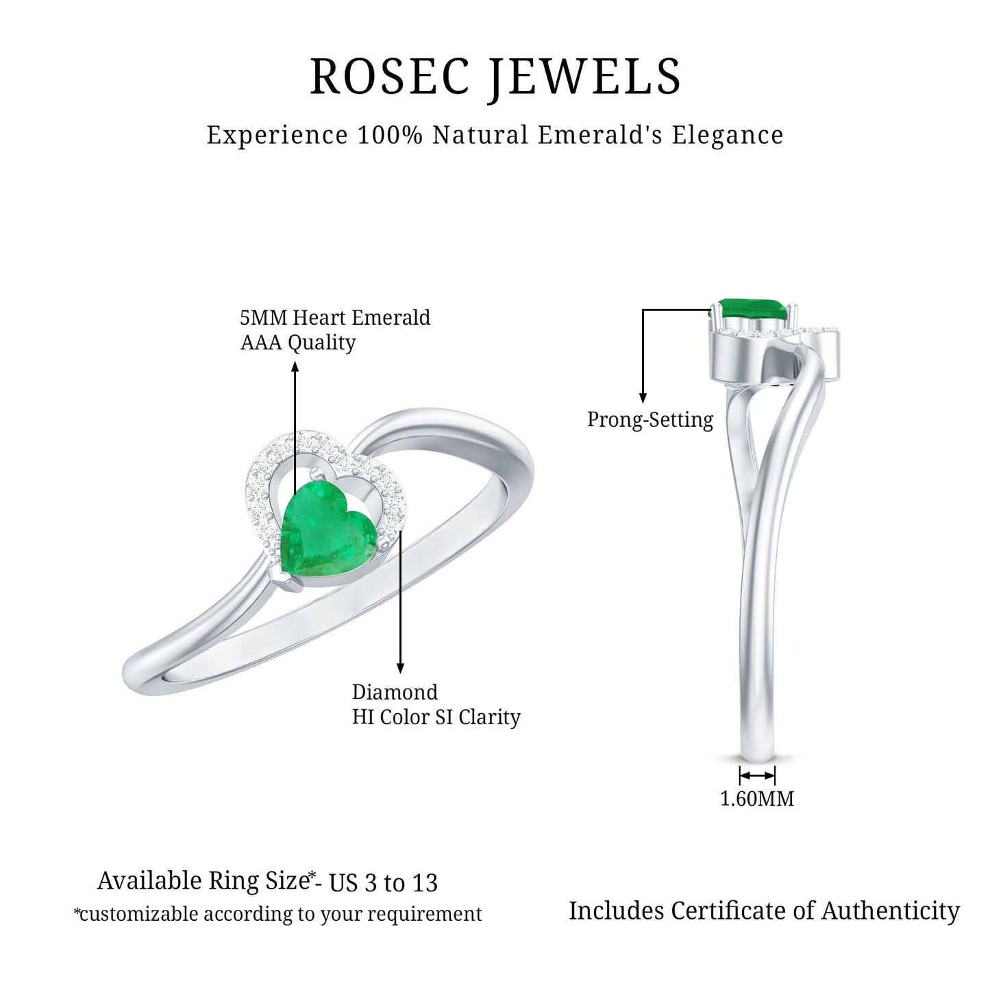 Certified Natural Emerald Heart Promise Ring with Diamond