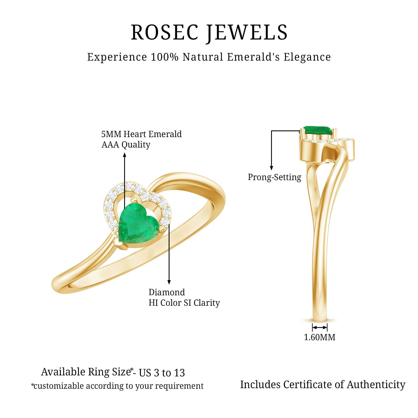 Certified Natural Emerald Heart Promise Ring with Diamond