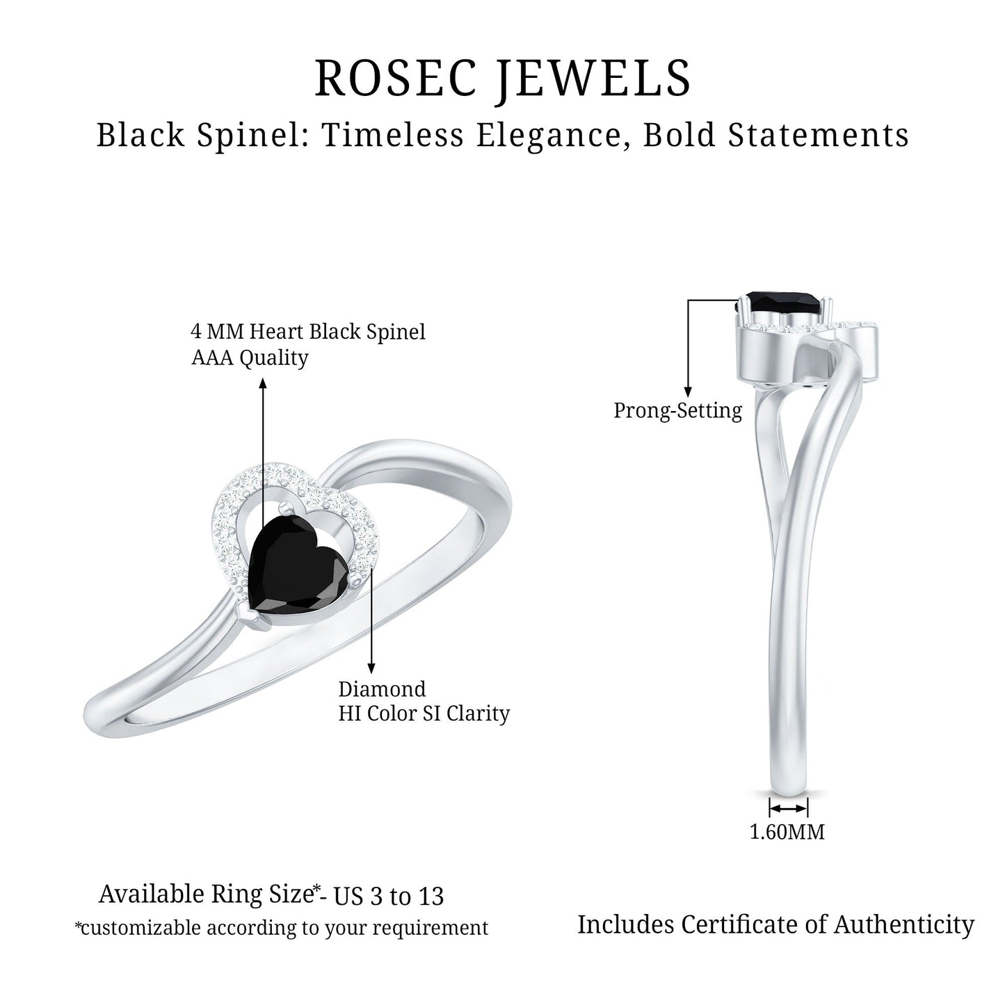 Natural Black Spinel Heart Promise Ring with Diamond