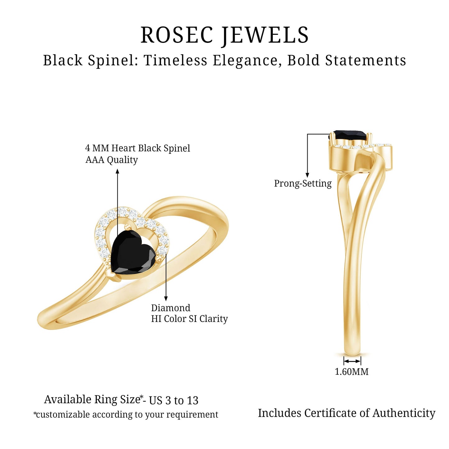 Natural Black Spinel Heart Promise Ring with Diamond