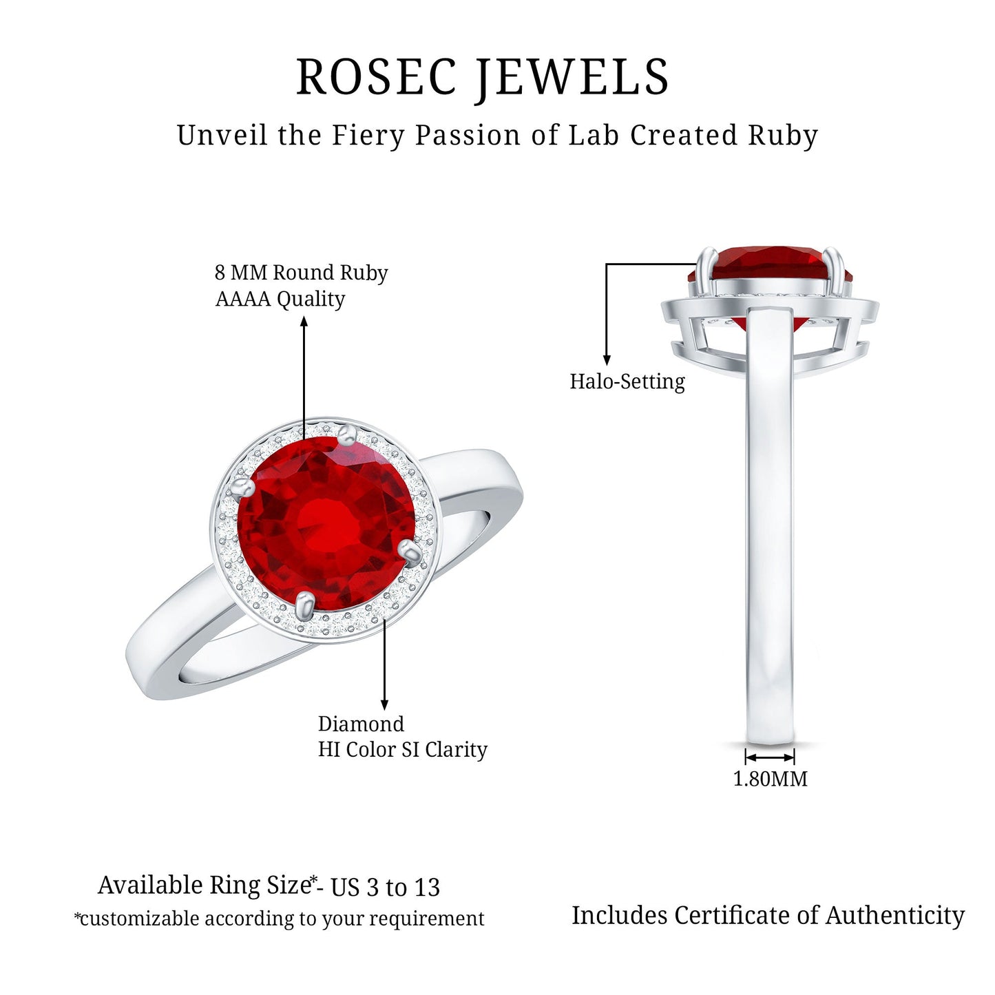 8MM Lab Grown Ruby Round Halo Engagement Ring