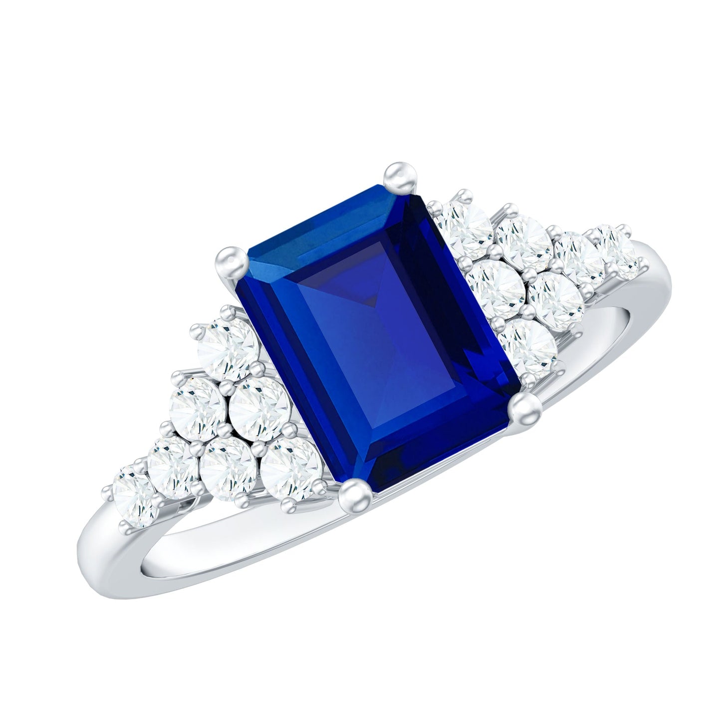 6X8mm Emerald Cut Lab Created Blue Sapphire Vintage Inspired Engagement Ring with Diamond