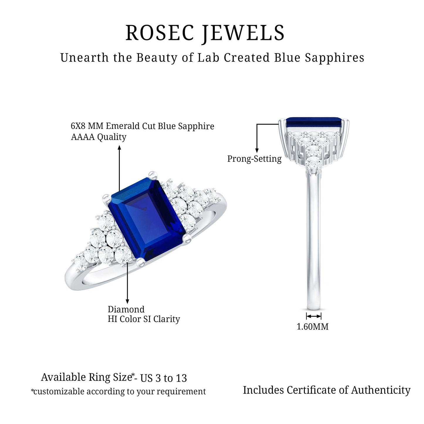 6X8mm Emerald Cut Lab Created Blue Sapphire Vintage Inspired Engagement Ring with Diamond