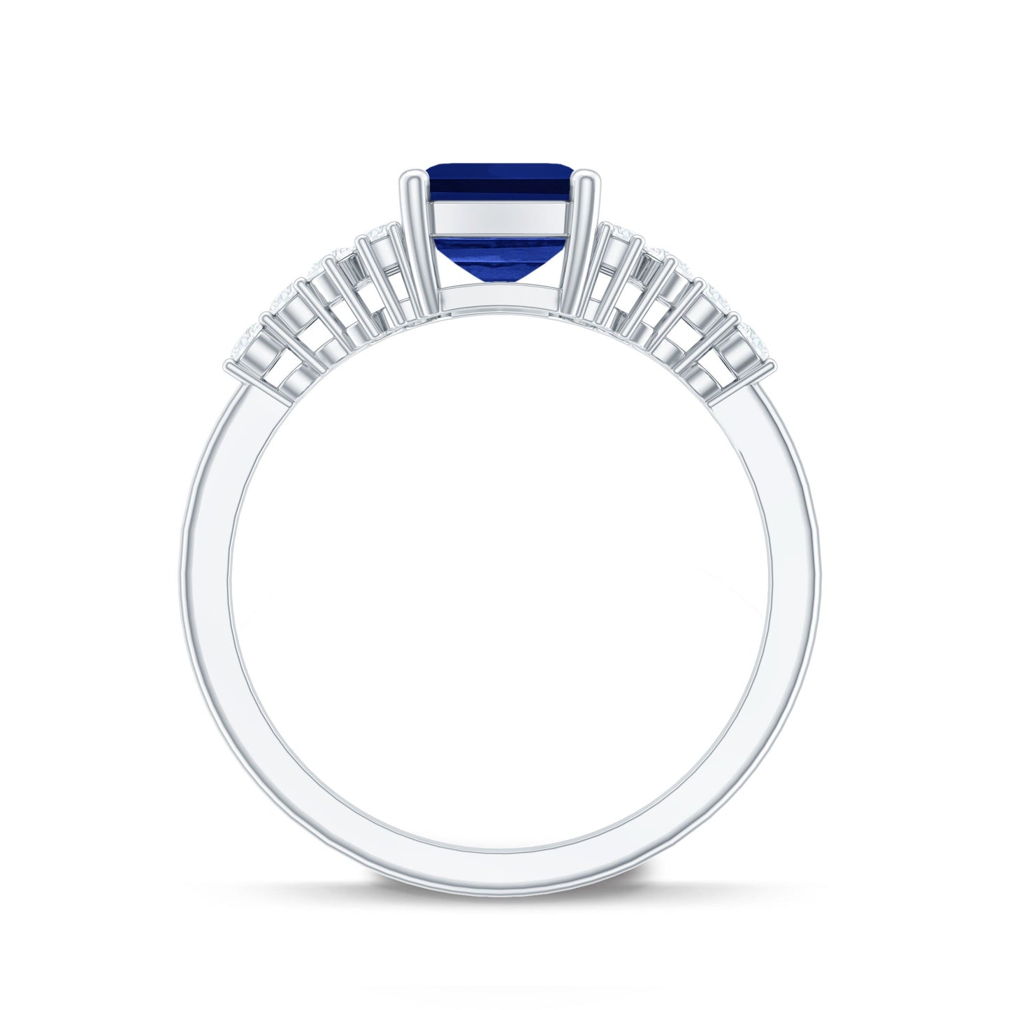 6X8mm Emerald Cut Lab Created Blue Sapphire Vintage Inspired Engagement Ring with Diamond
