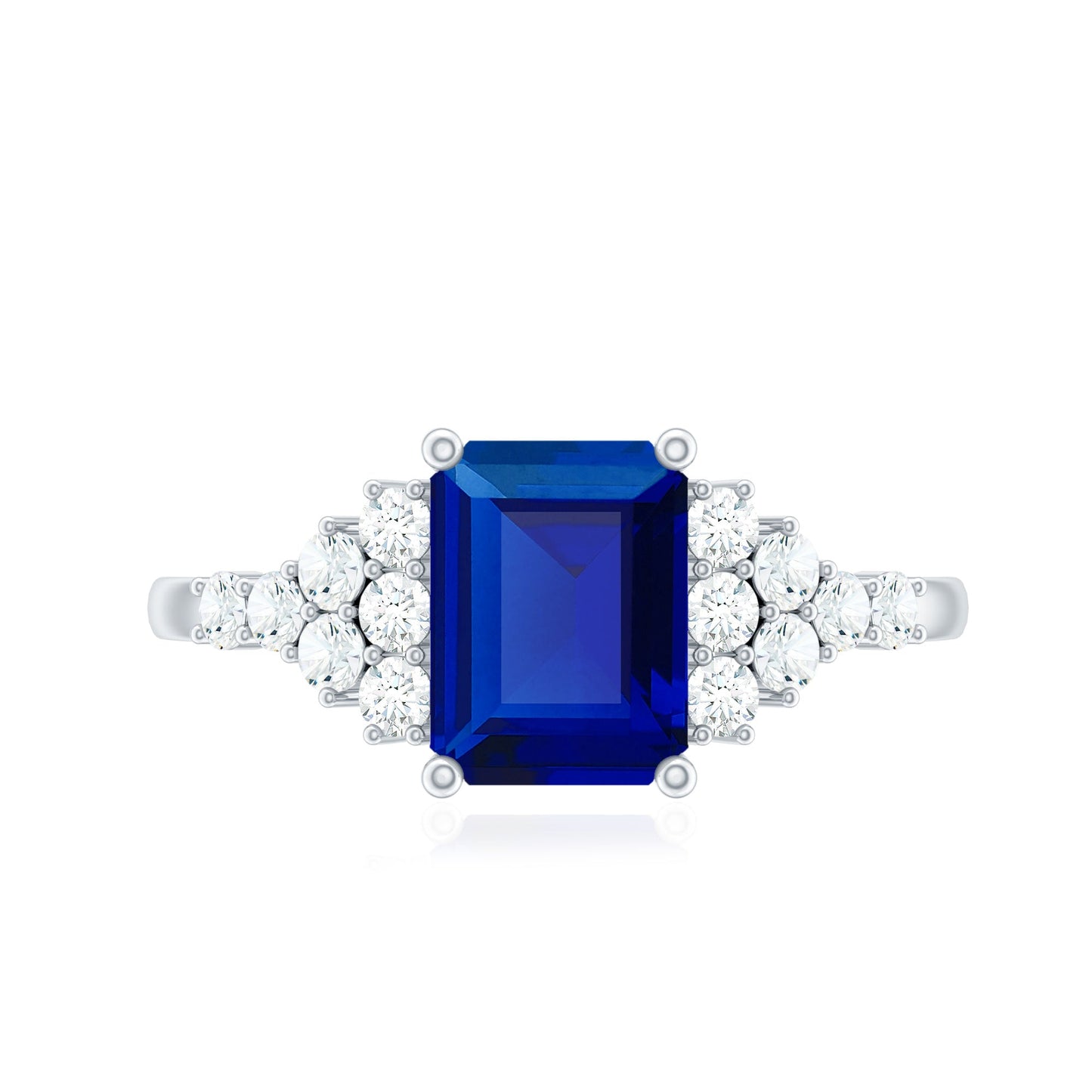 6X8mm Emerald Cut Lab Created Blue Sapphire Vintage Inspired Engagement Ring with Diamond