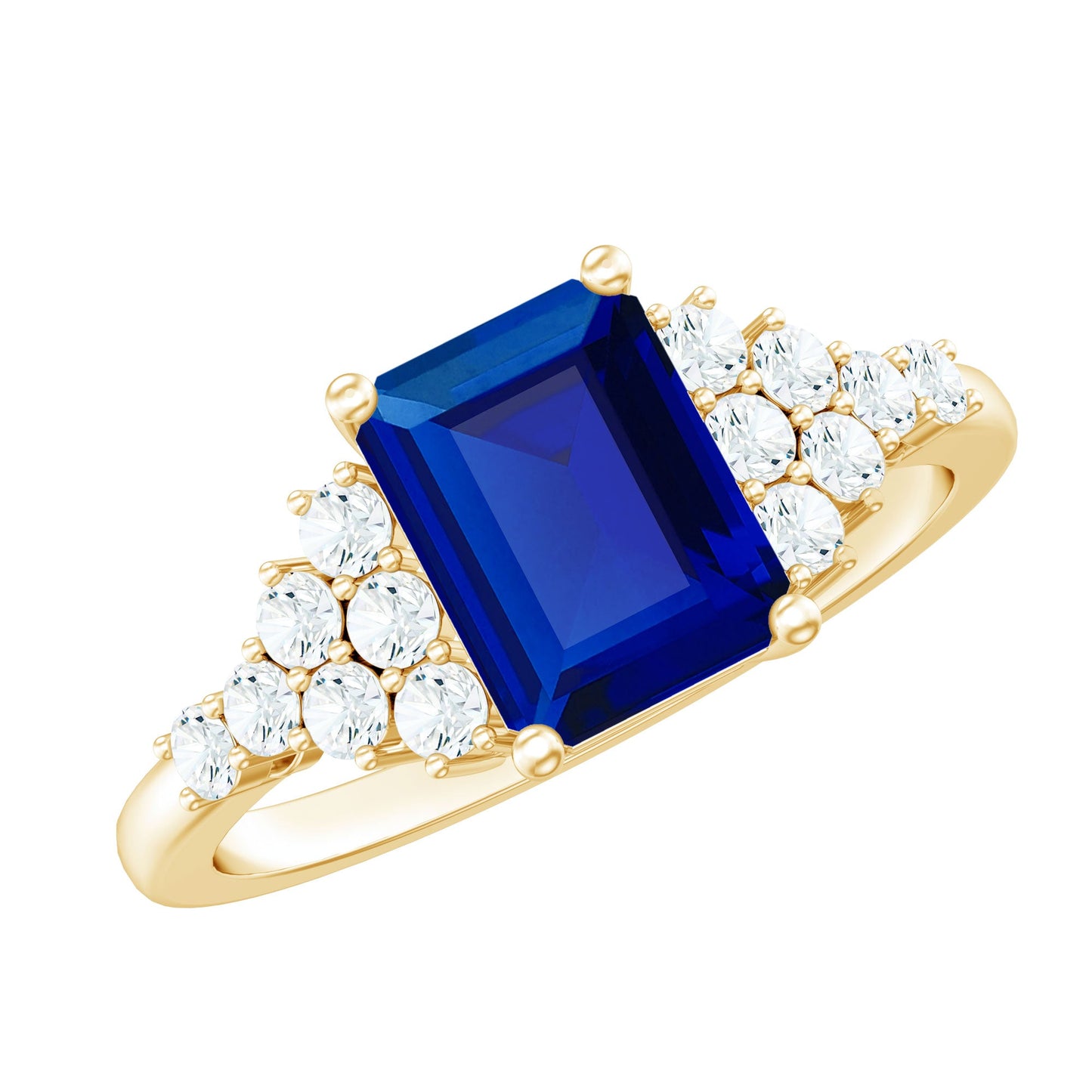 6X8mm Emerald Cut Lab Created Blue Sapphire Vintage Inspired Engagement Ring with Diamond