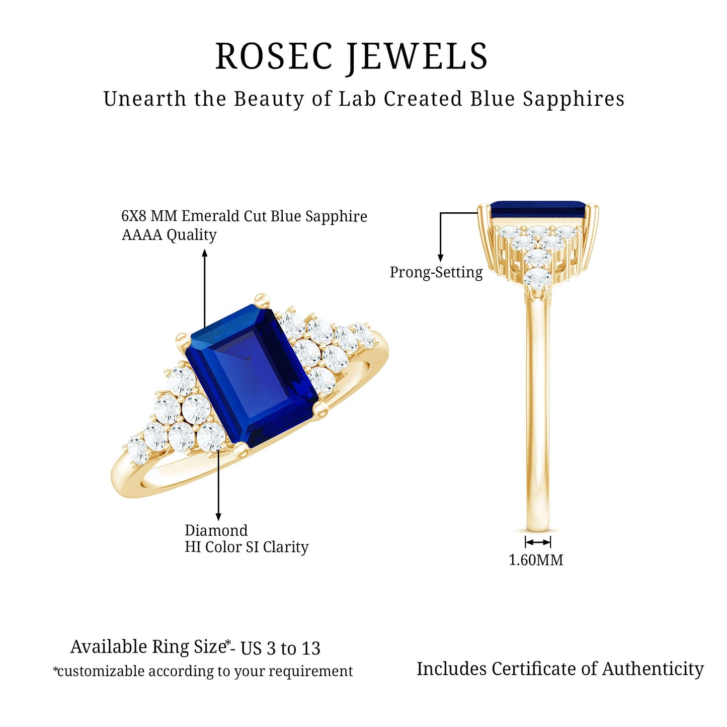 6X8mm Emerald Cut Lab Created Blue Sapphire Vintage Inspired Engagement Ring with Diamond