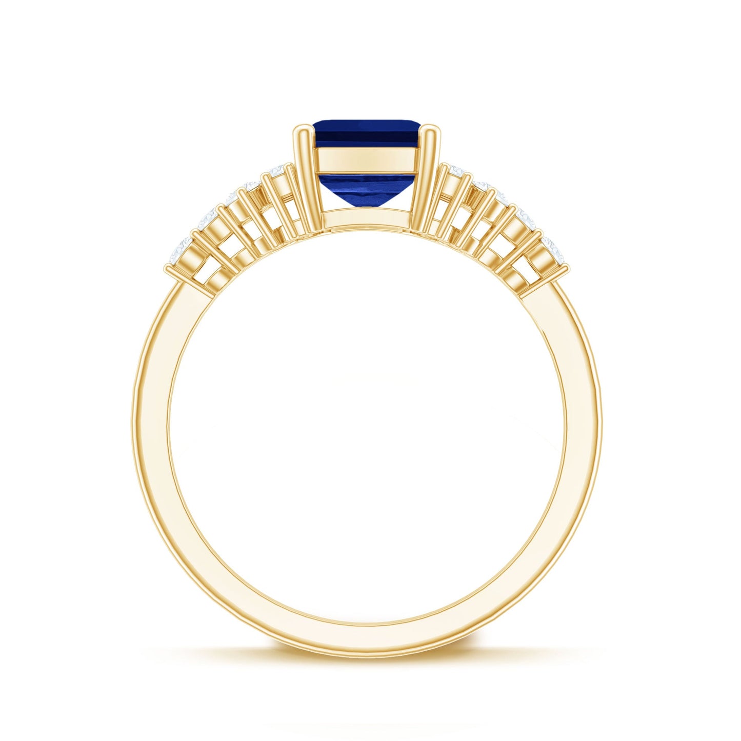 6X8mm Emerald Cut Lab Created Blue Sapphire Vintage Inspired Engagement Ring with Diamond