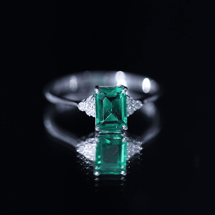 Certified 6X8 mm Lab Grown Emerald Cut Emerald Engagement Ring with Diamond Trio