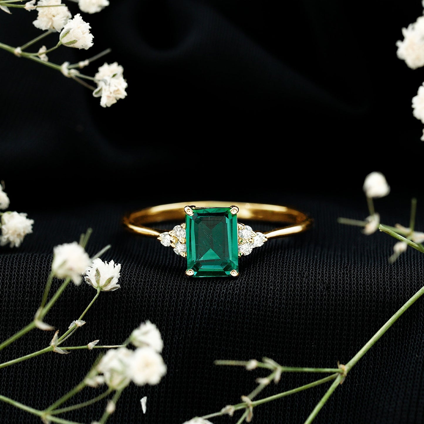 Certified 6X8 mm Lab Grown Emerald Cut Emerald Engagement Ring with Diamond Trio