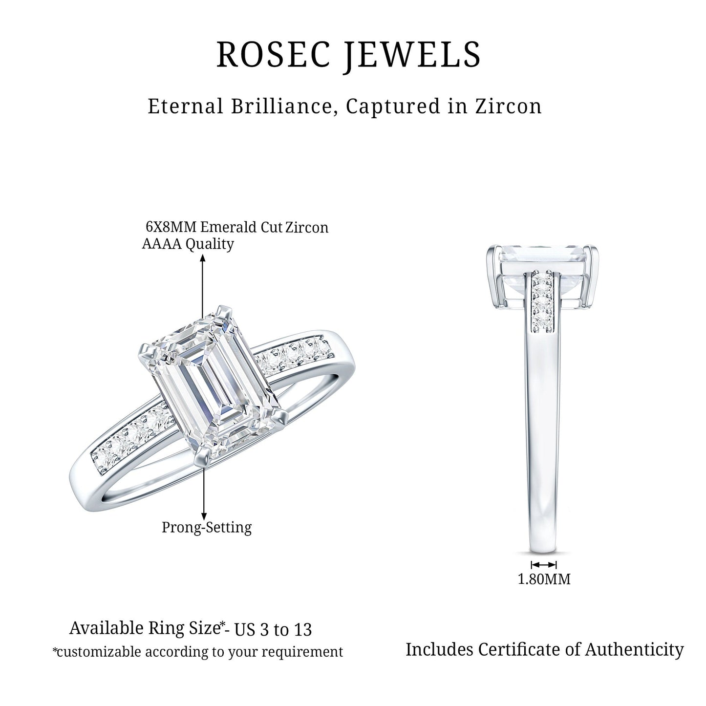 1.8 Carat Emerald Cut Cubic Zirconia Solitaire Engagement Ring