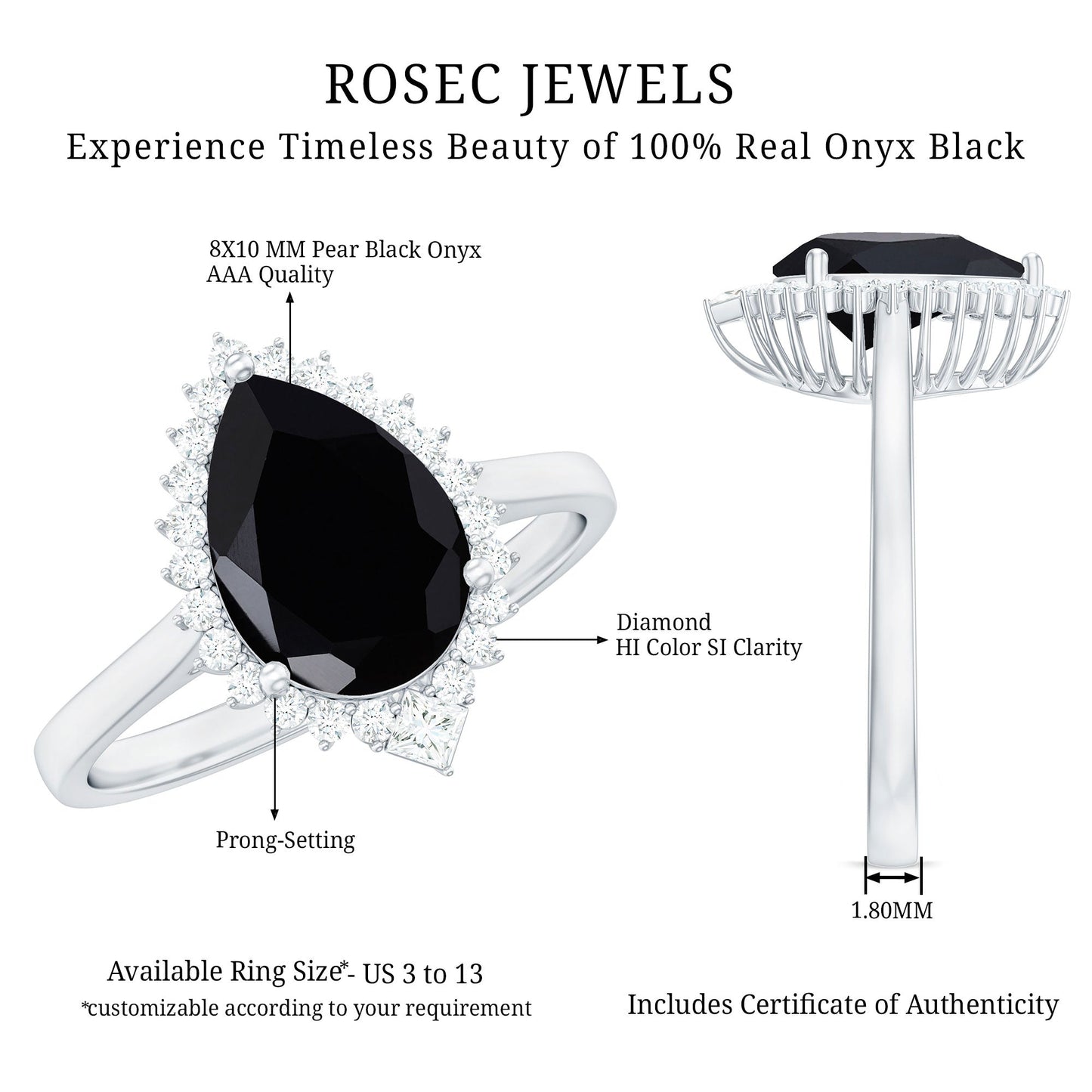 Pear Shaped Black Onyx Big Engagement Ring with Diamond Halo