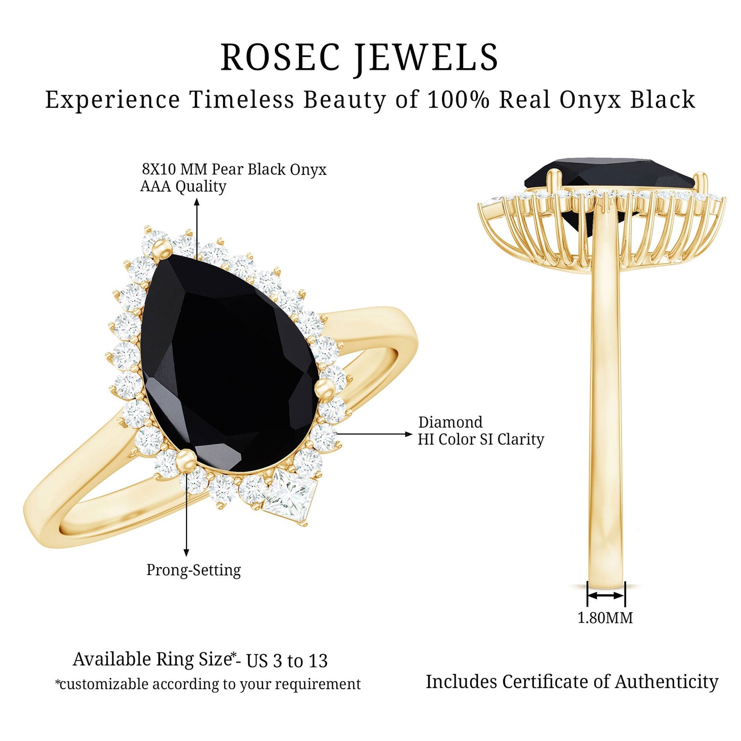 Pear Shaped Black Onyx Big Engagement Ring with Diamond Halo
