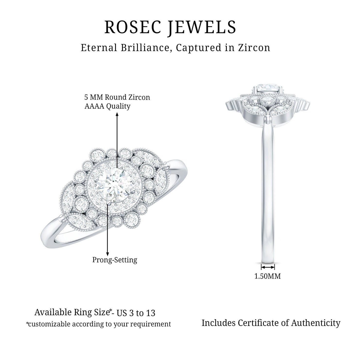 Vintage Style Cubic Zirconia Engagement Ring with Milgrain Detailing
