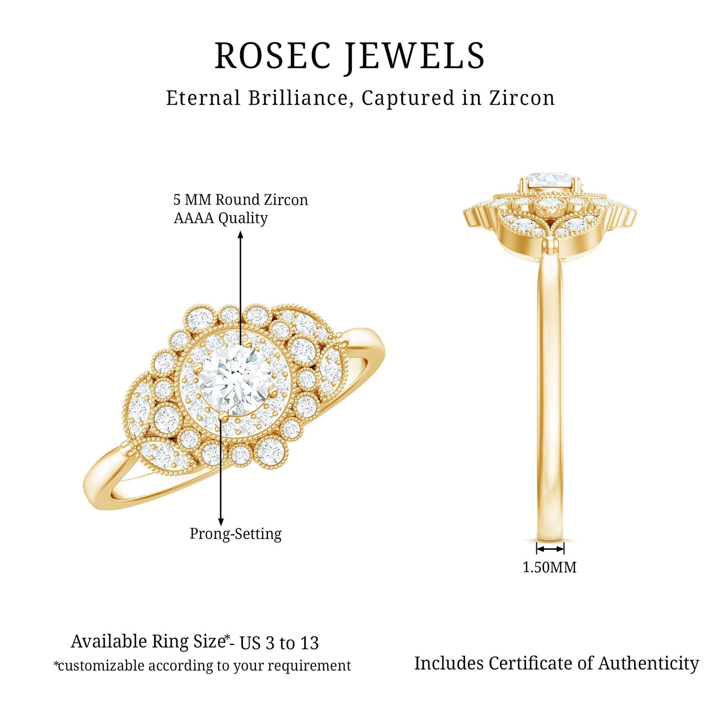 Vintage Style Cubic Zirconia Engagement Ring with Milgrain Detailing