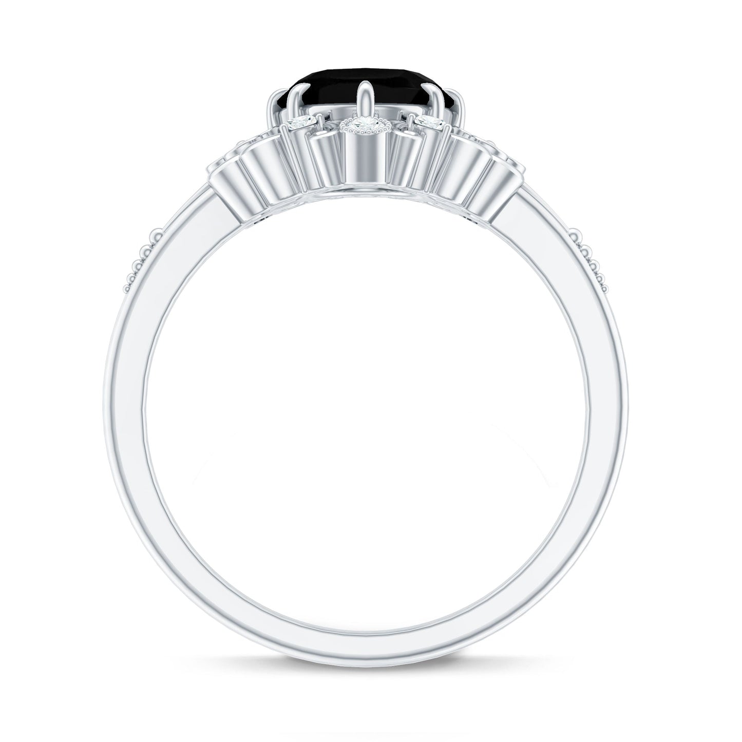 7X9mm Oval Cut Vintage Inspired Black Onyx Statement Ring with Diamond