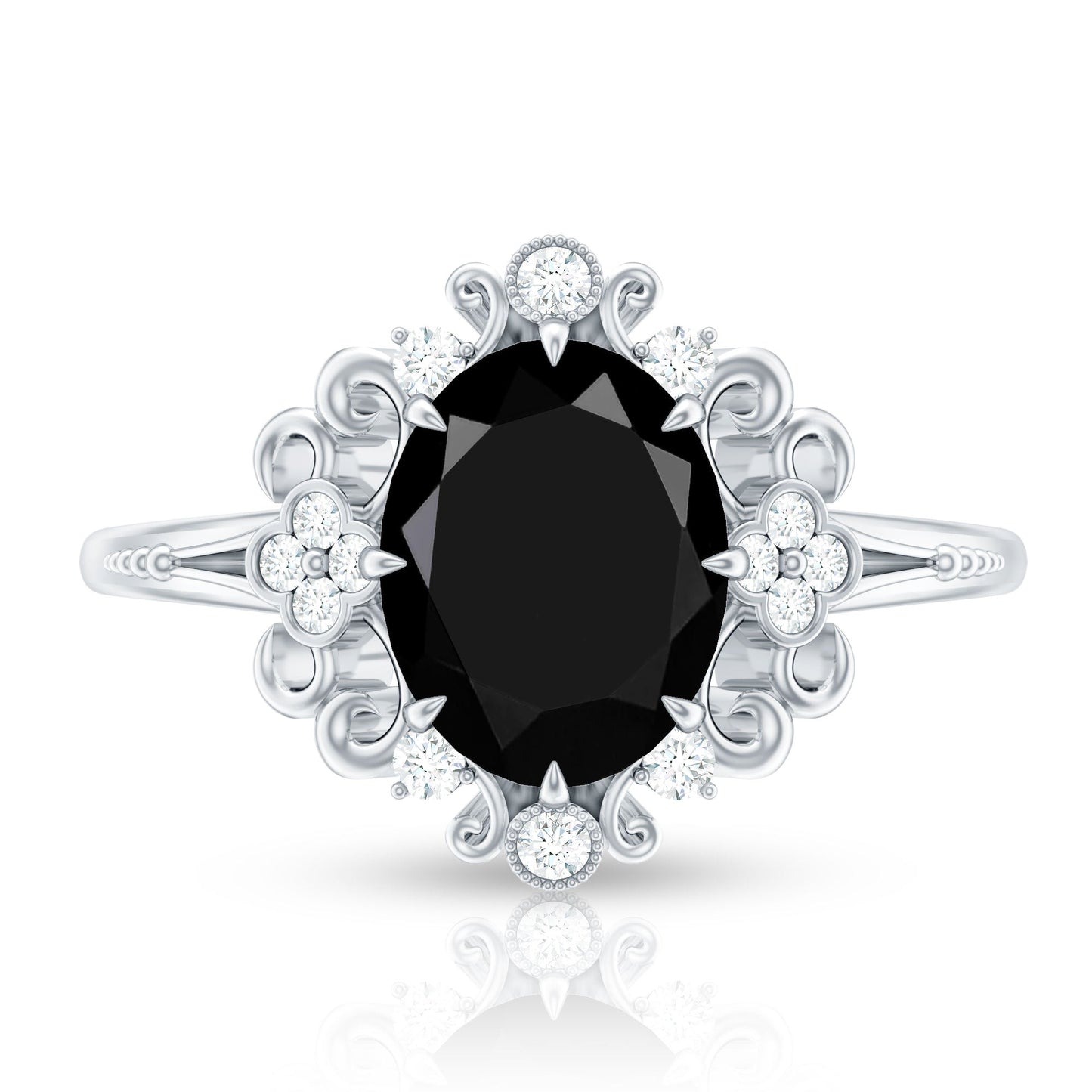 7X9mm Oval Cut Vintage Inspired Black Onyx Statement Ring with Diamond