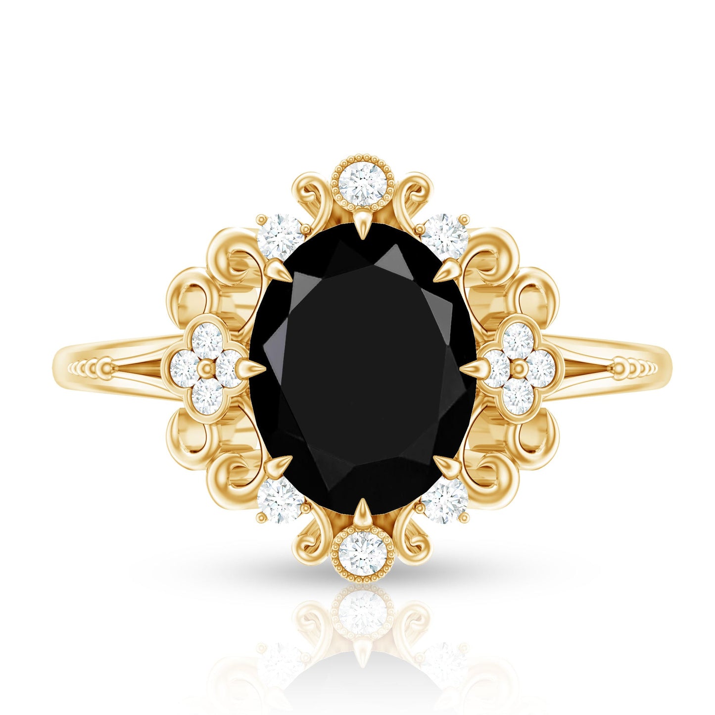 7X9mm Oval Cut Vintage Inspired Black Onyx Statement Ring with Diamond