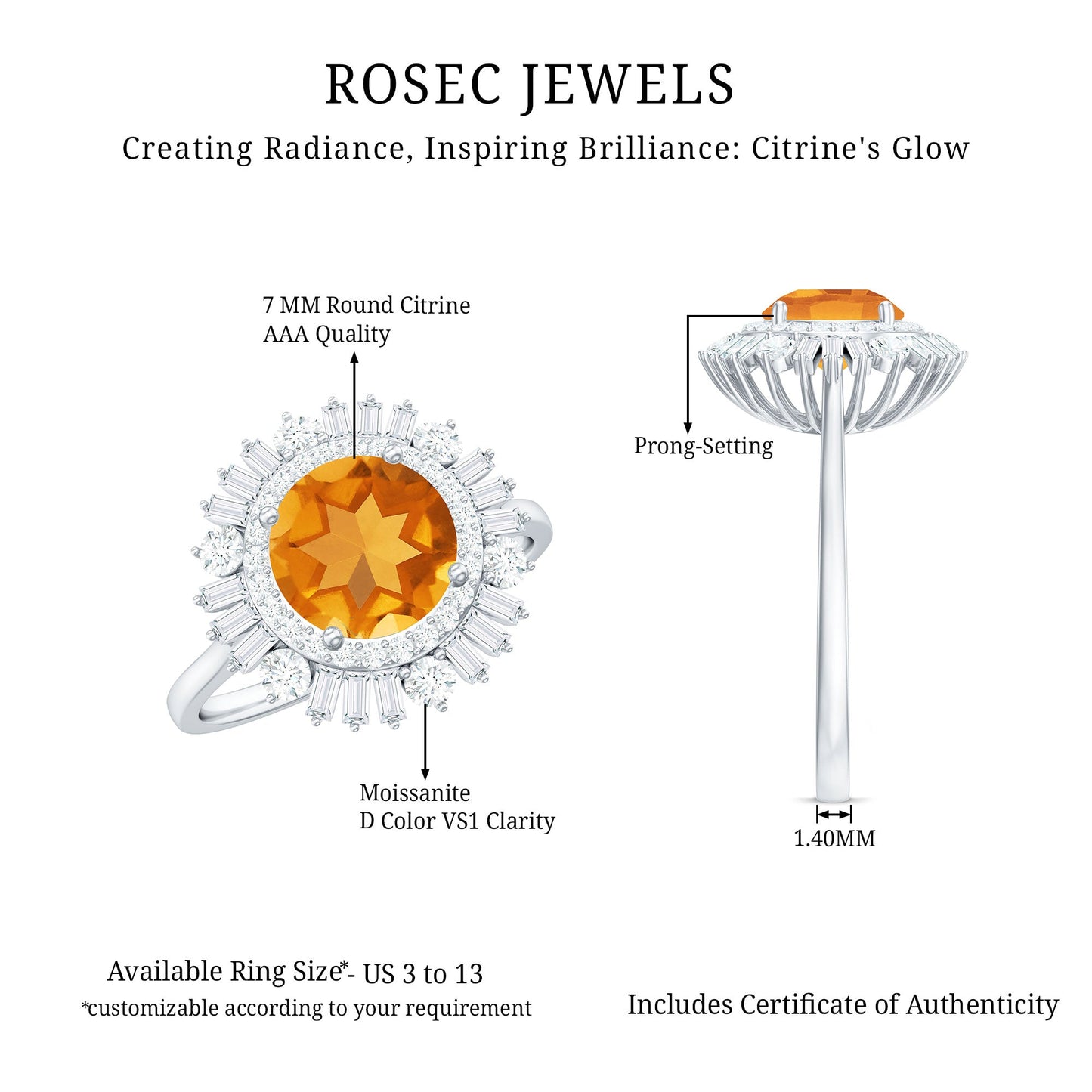 Genuine Citrine Double Halo Engagement Ring with Moissanite