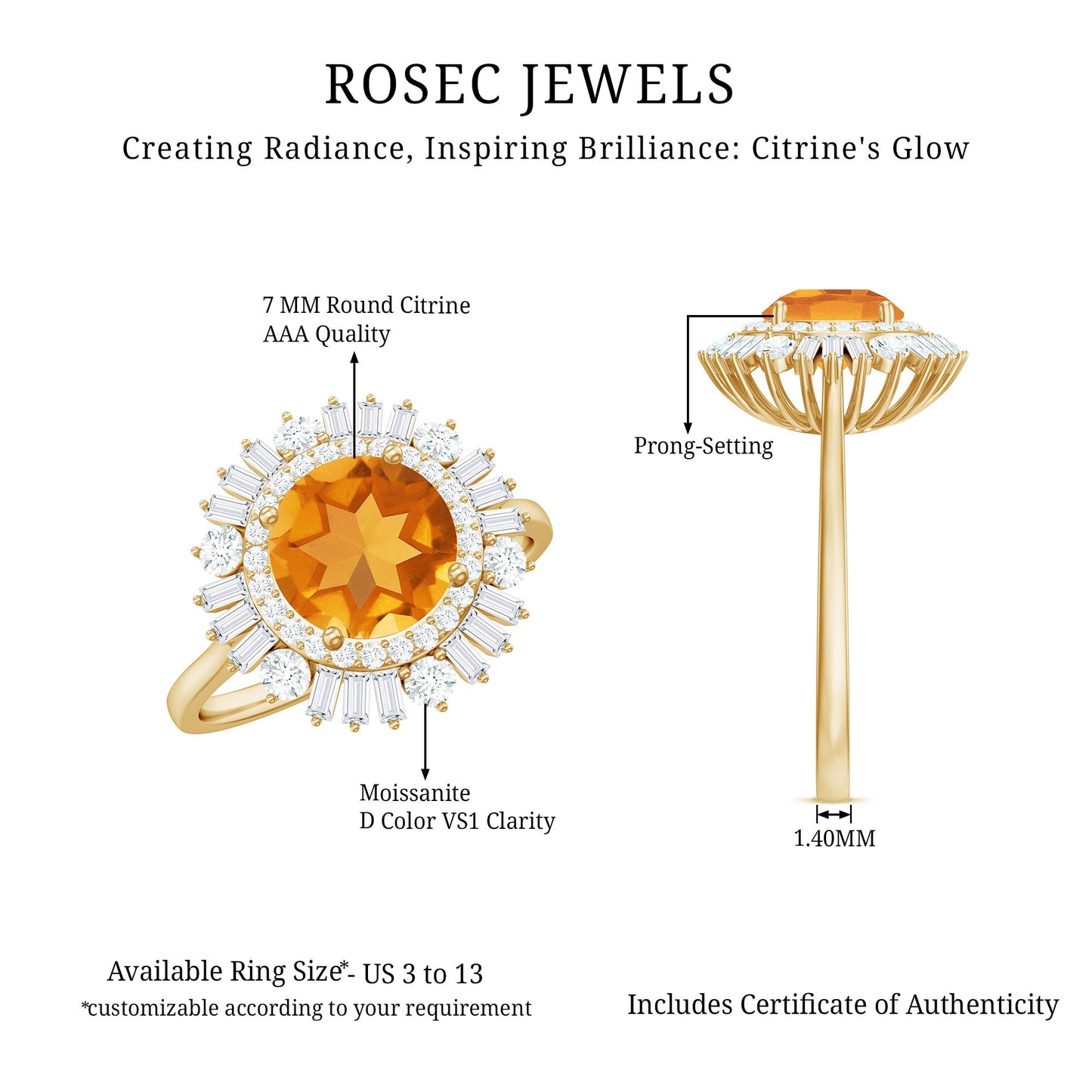Genuine Citrine Double Halo Engagement Ring with Moissanite