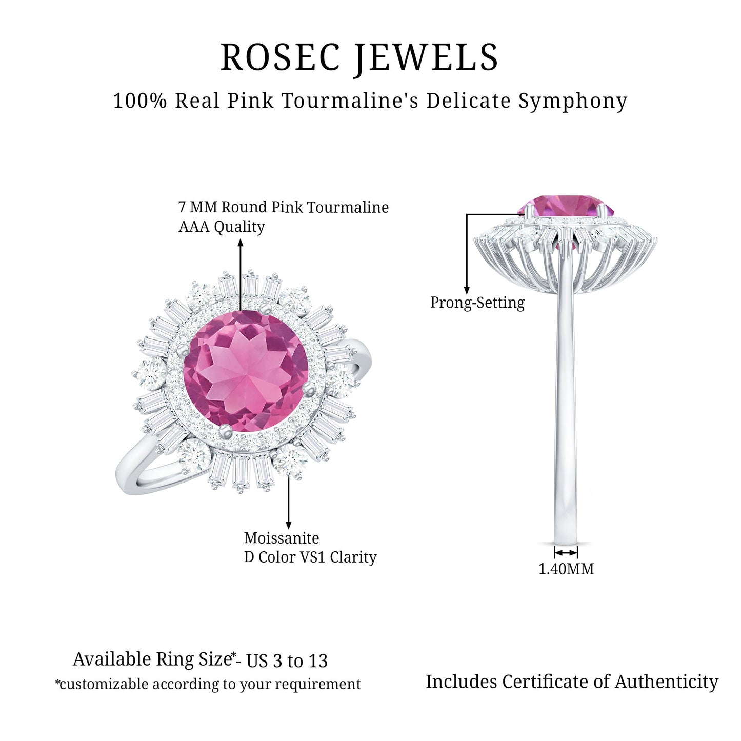 2 CT Round Pink Tourmaline Cocktail Ring with Moissanite Double Halo