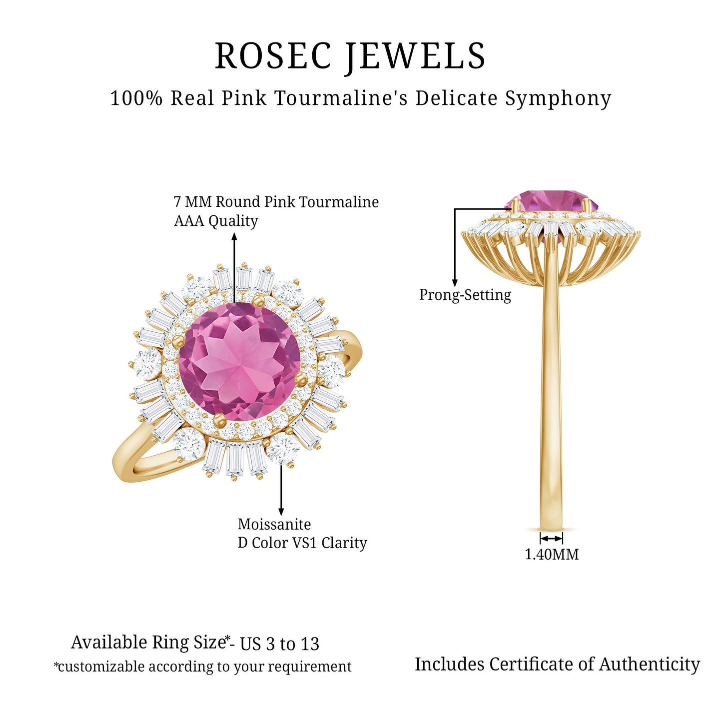 2 CT Round Pink Tourmaline Cocktail Ring with Moissanite Double Halo