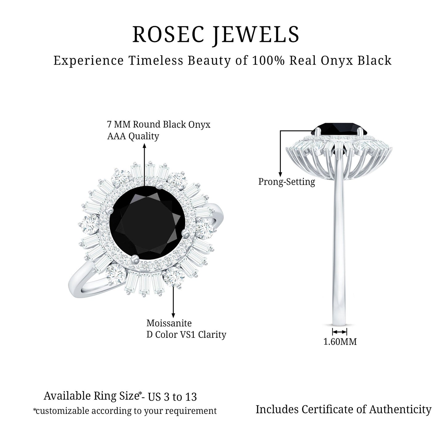 7mm Round Black Onyx Double Halo Cocktail Ring with Moissanite