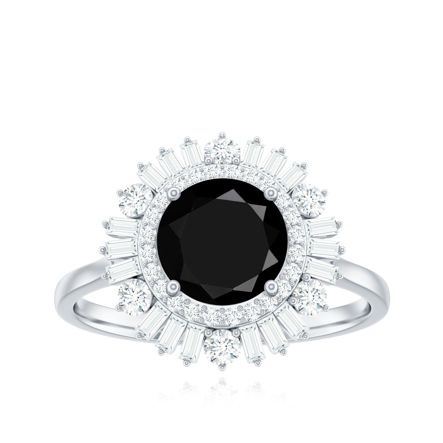 7mm Round Black Onyx Double Halo Cocktail Ring with Moissanite