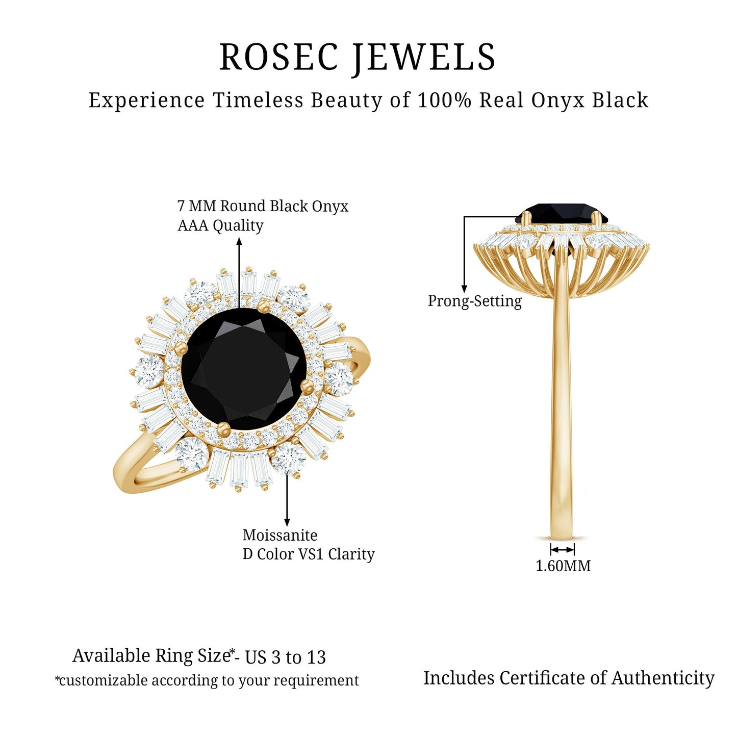 7mm Round Black Onyx Double Halo Cocktail Ring with Moissanite