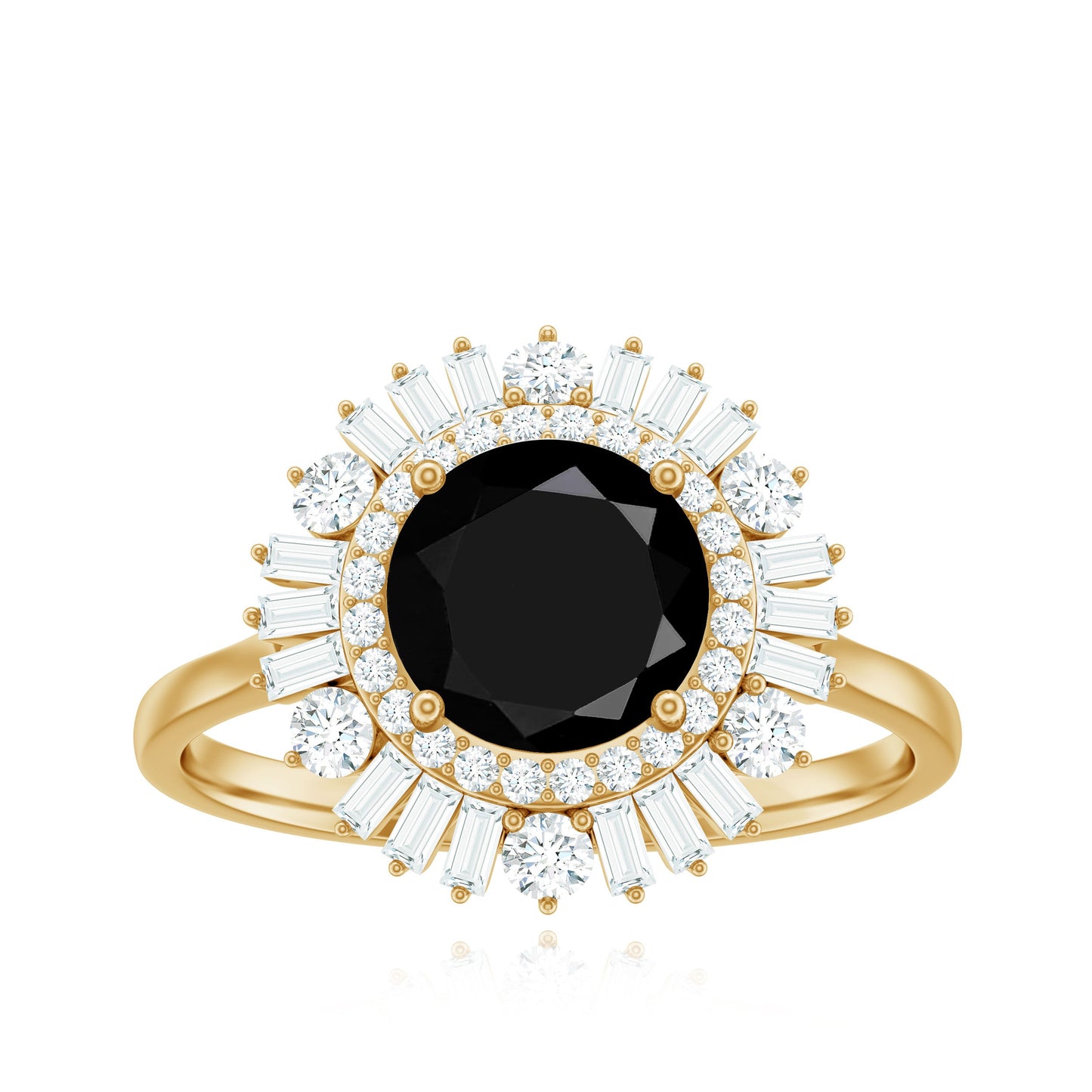 7mm Round Black Onyx Double Halo Cocktail Ring with Moissanite
