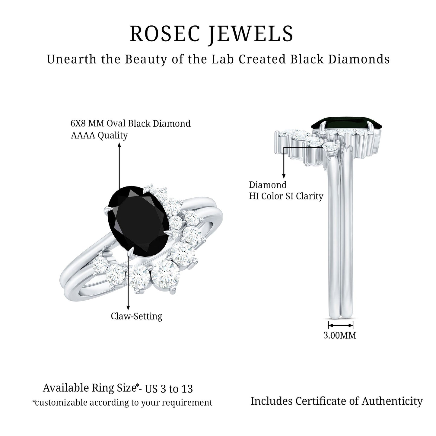 Created Black Diamond Oval Engagement Ring Set with Diamond