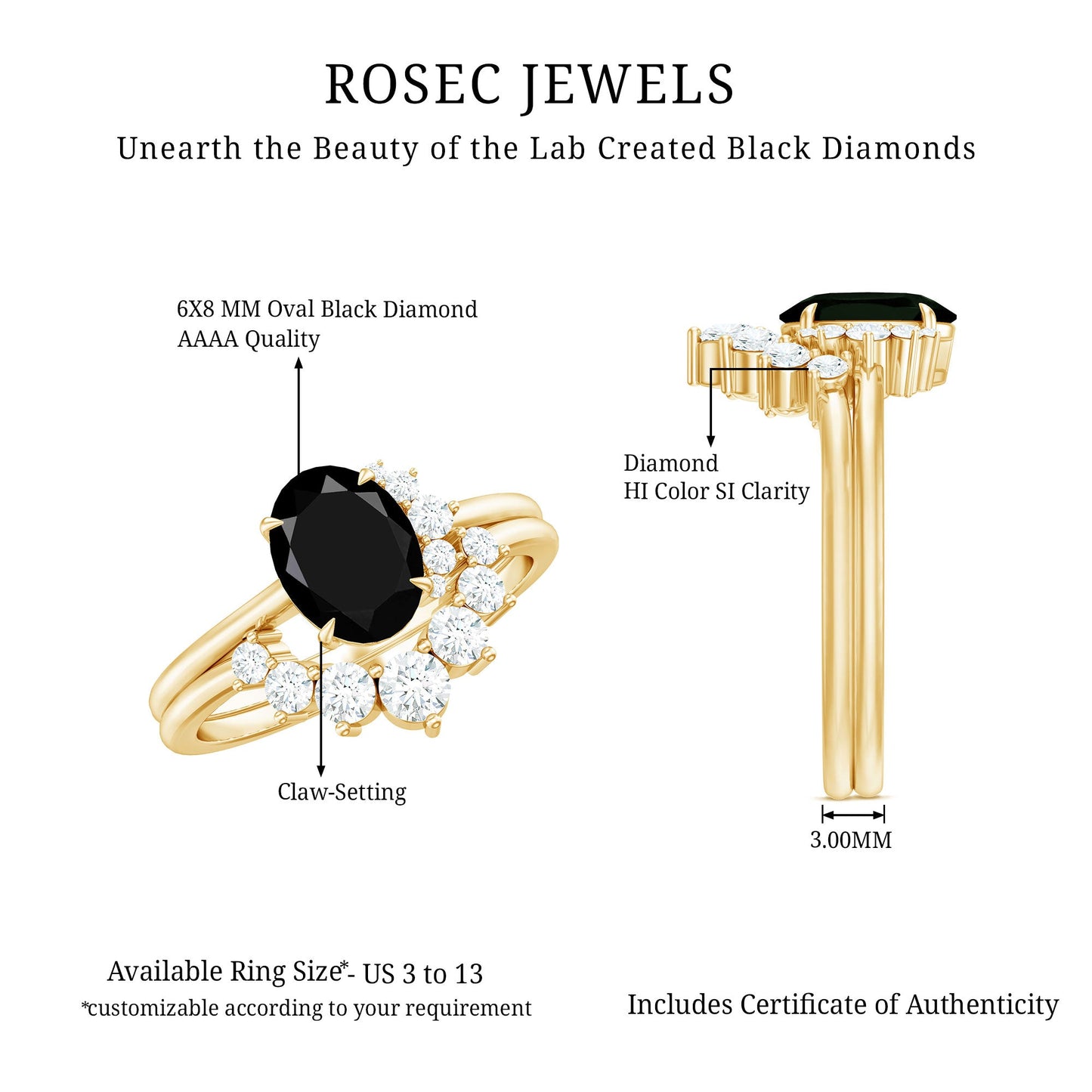 Created Black Diamond Oval Engagement Ring Set with Diamond