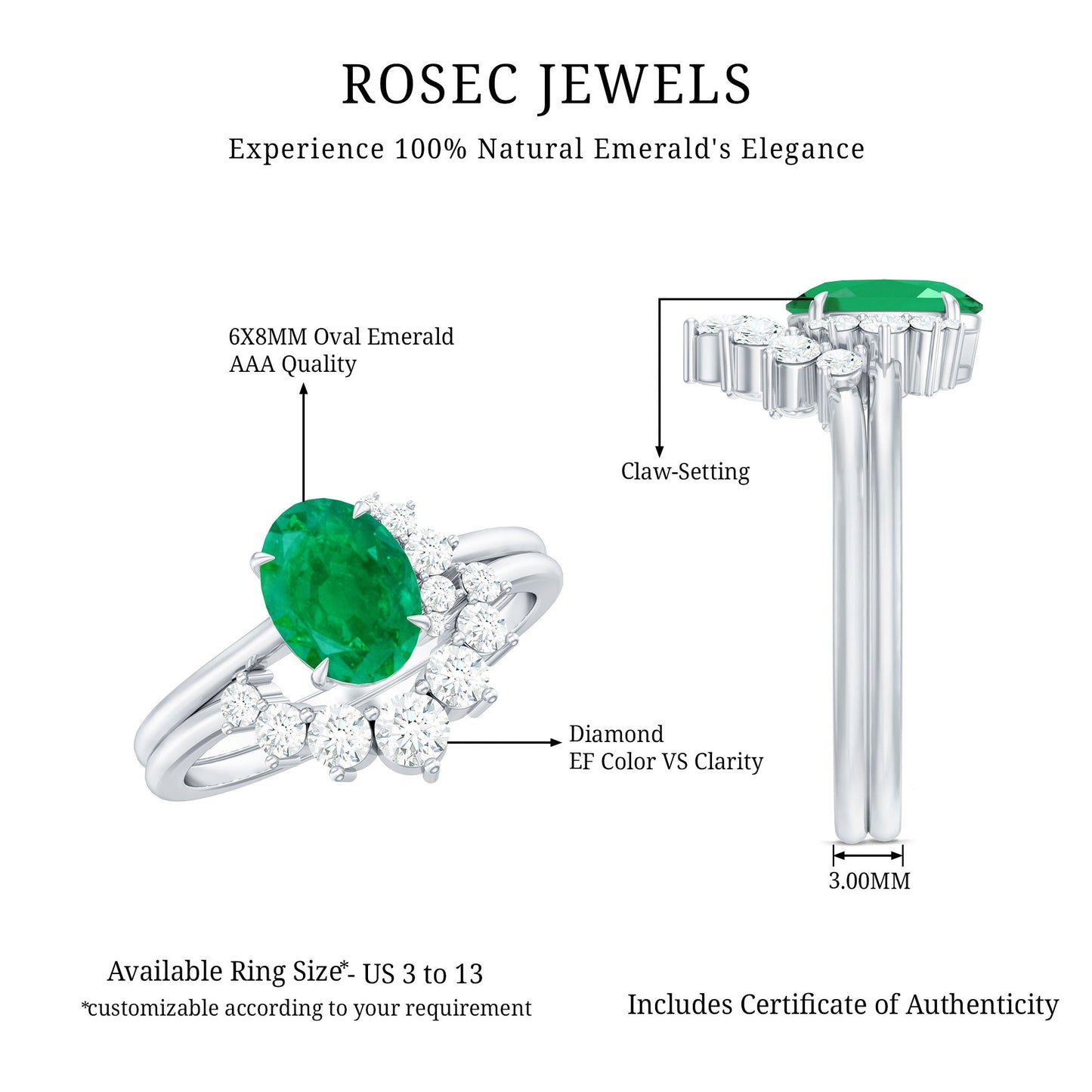 Natural Emerald Wedding Engagement Ring Set with Diamond