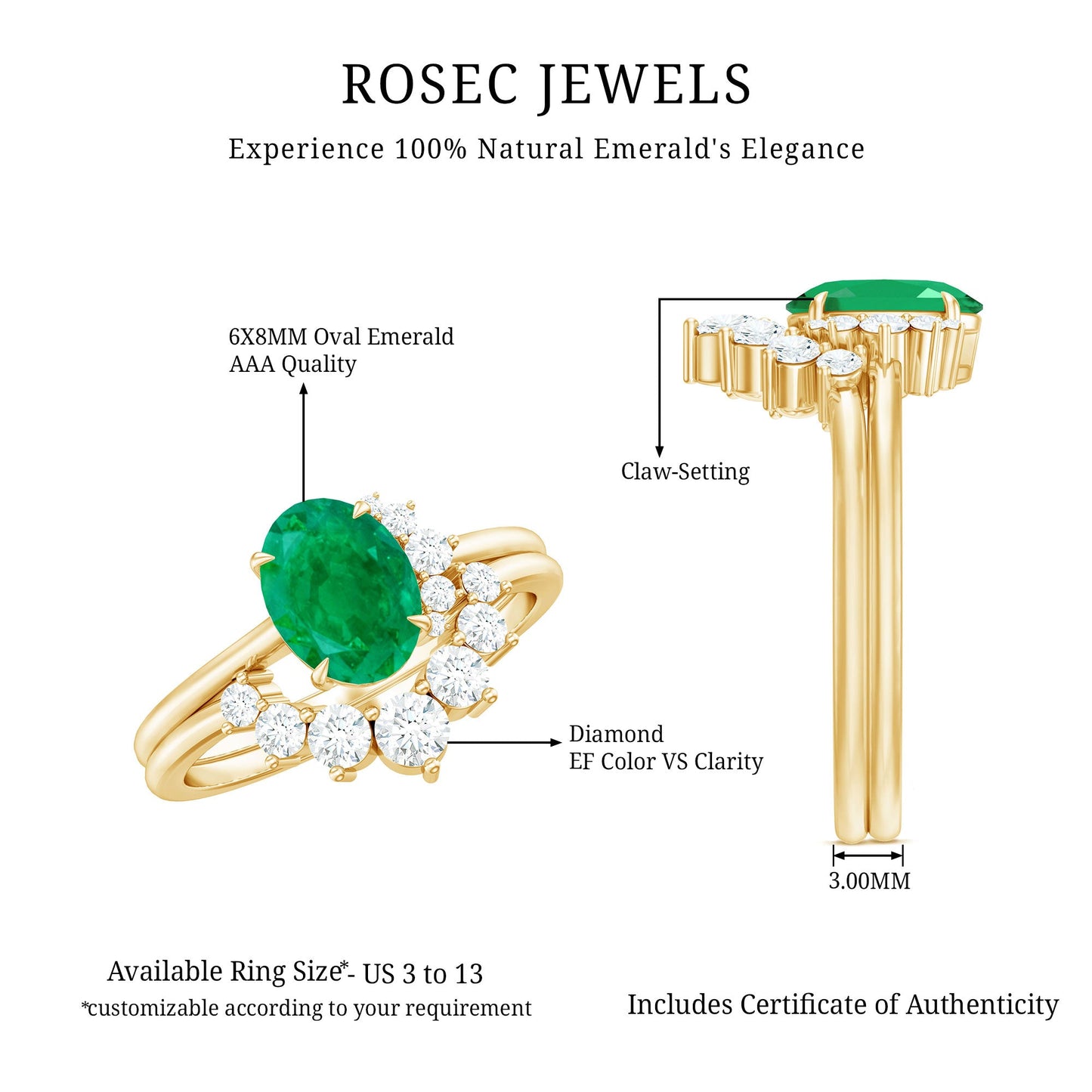 Natural Emerald Wedding Engagement Ring Set with Diamond