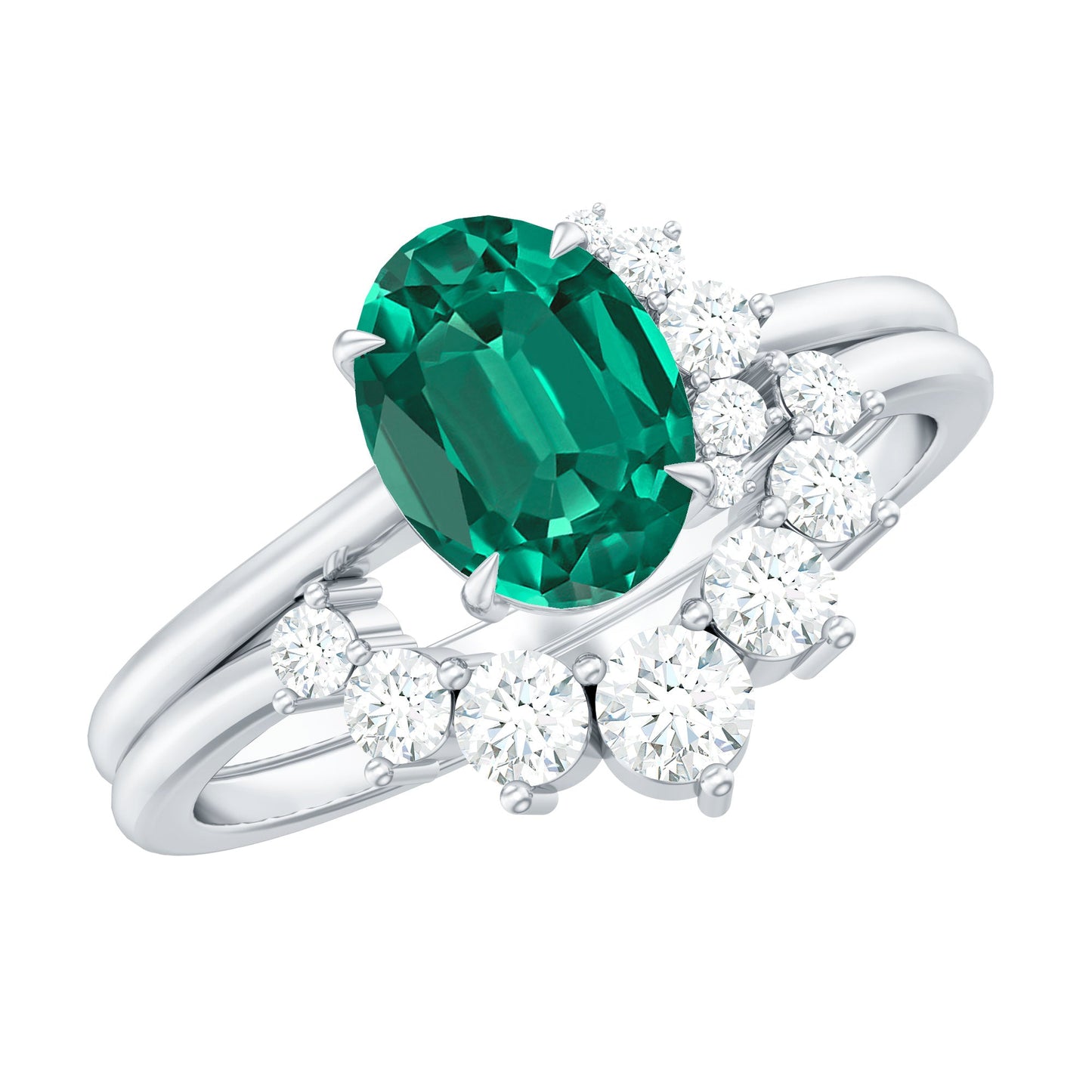 Designer Lab Grown Emerald Oval Engagement Ring with Diamond Enhancer
