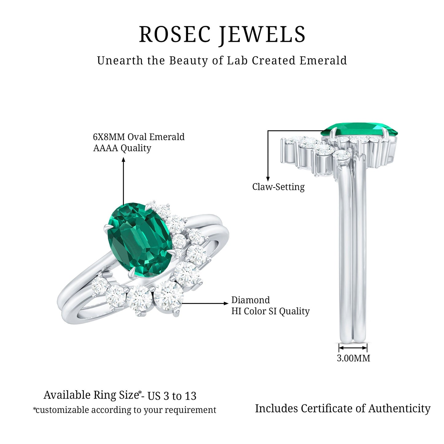 Designer Lab Grown Emerald Oval Engagement Ring with Diamond Enhancer