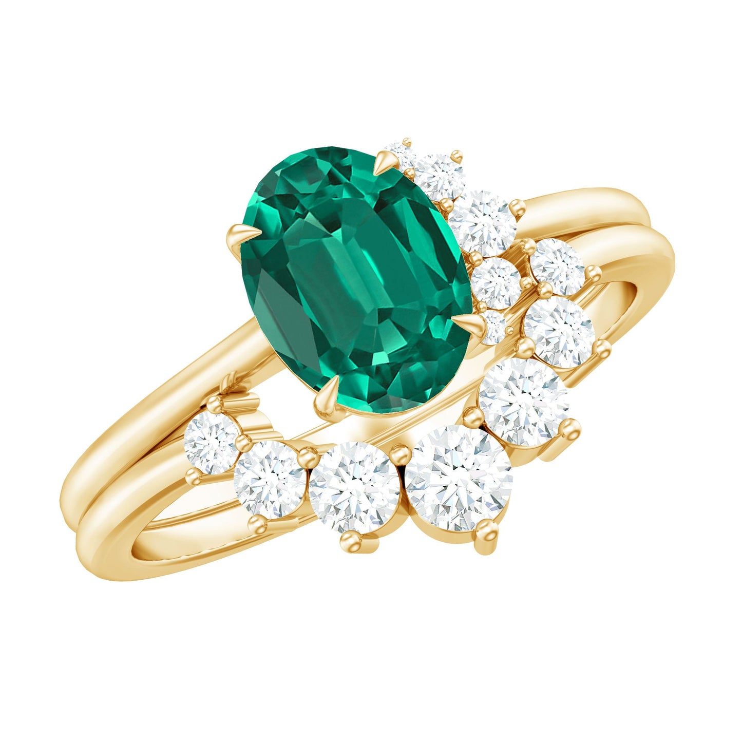 Designer Lab Grown Emerald Oval Engagement Ring with Diamond Enhancer