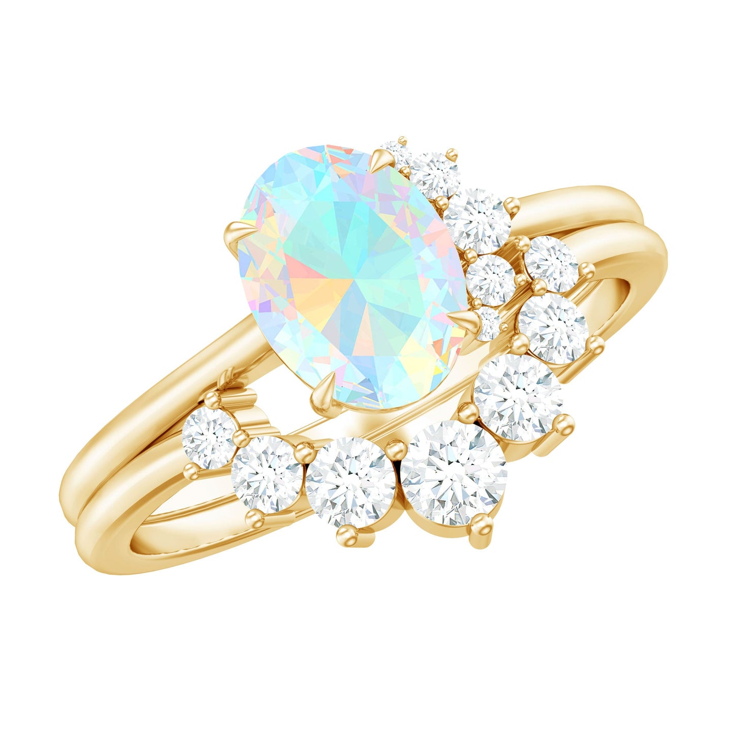 Real Ethiopian Opal Diamond Oval Engagement Ring and Wedding Band Set