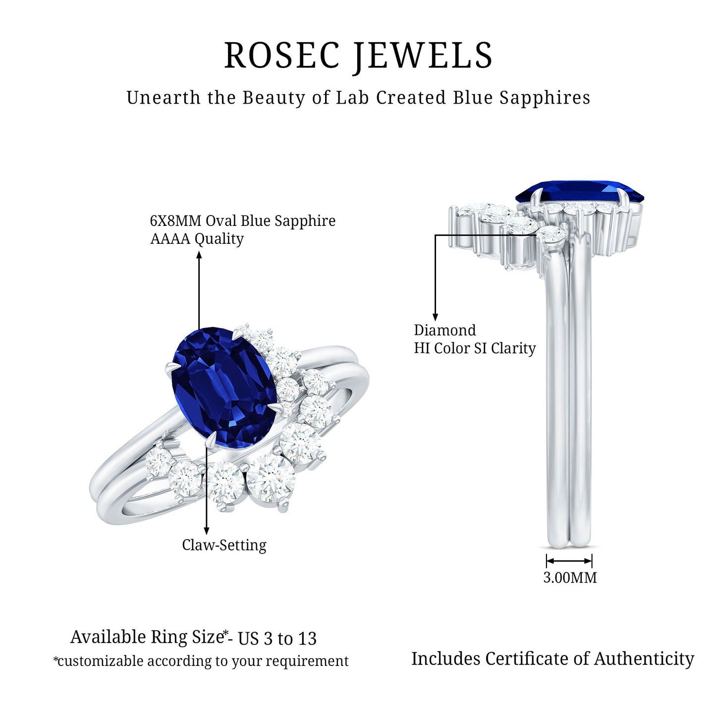 Certified 1.5 Carat Lab Grown Blue Sapphire Diamond Oval Engagement Ring with Enhancer