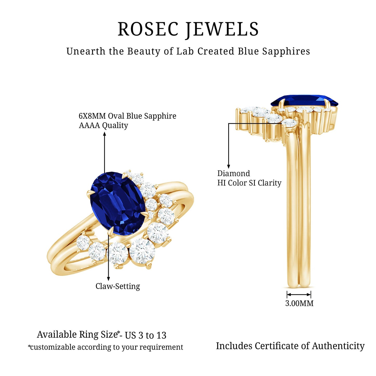 Certified 1.5 Carat Lab Grown Blue Sapphire Diamond Oval Engagement Ring with Enhancer